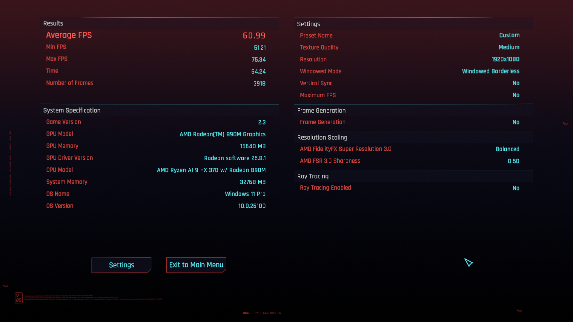 Cyberpunk 2077 benchmark results on the Geekom A9 Max.