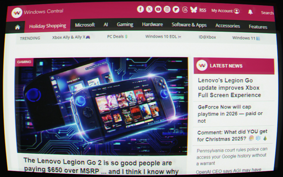Windows Central home page with CRT filter emulation