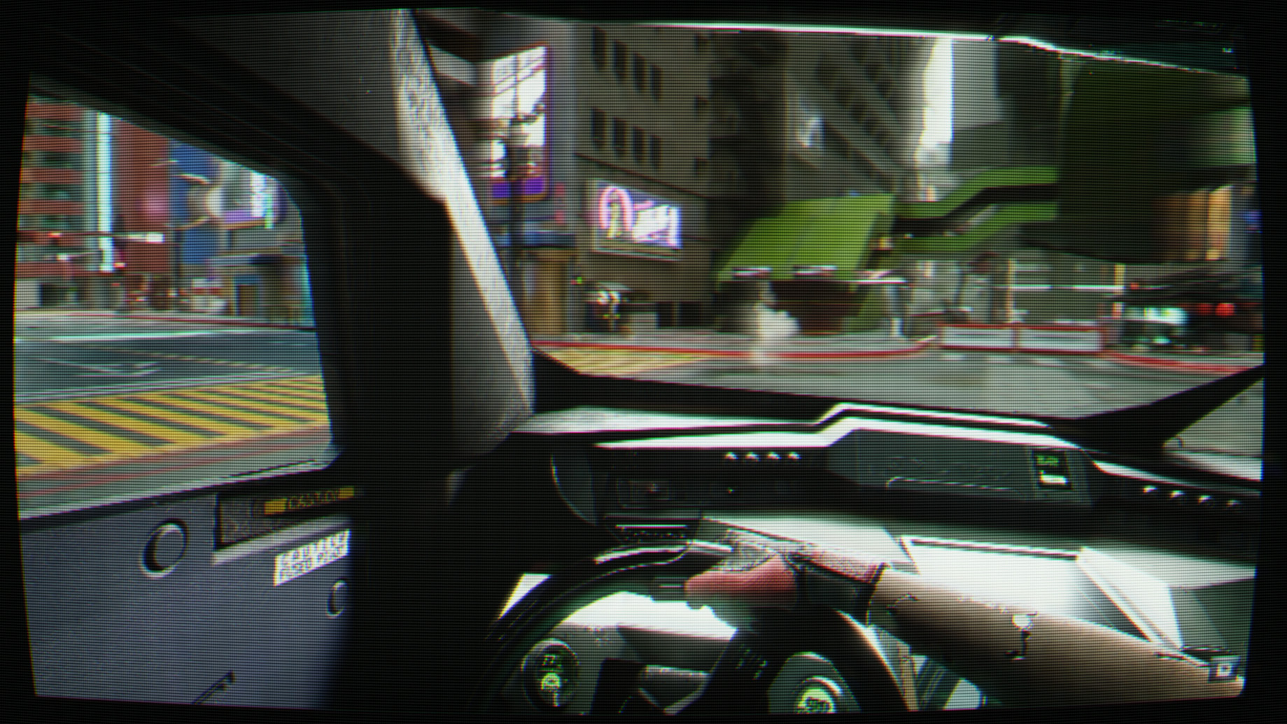 Cyberpunk 2077 PC gameplay footage with ShaderGlass CRT filter activated