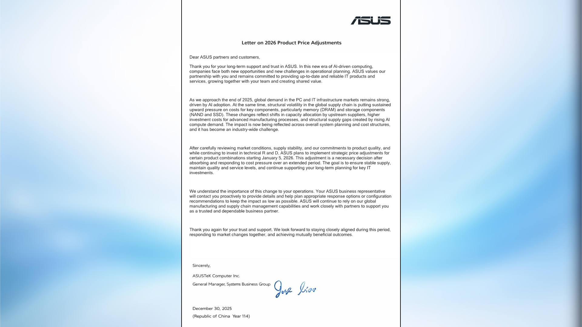 English translated document from ASUS regarding price adjustments