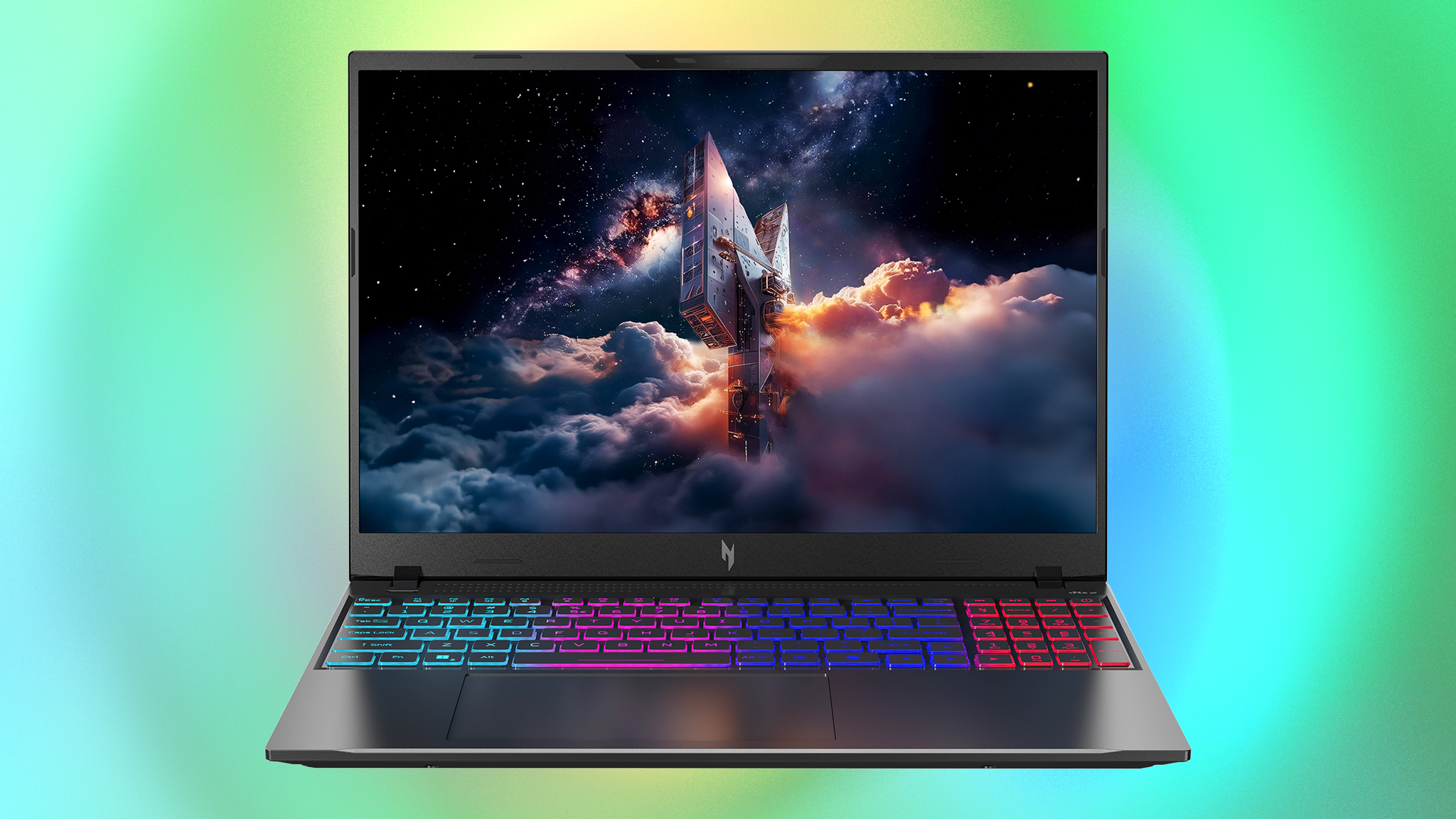 Игровой ноутбук Acer Nitro V 16S AI на красочном зелено-сине-желтом фоне.