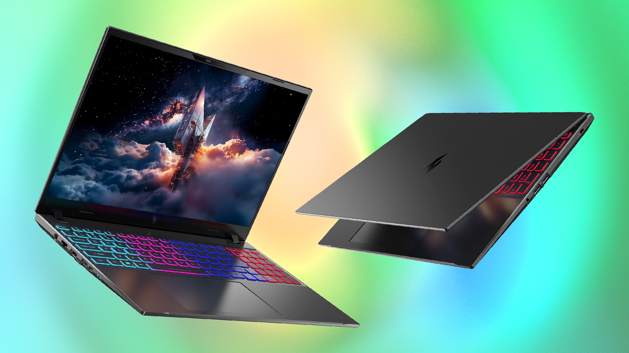 Два игровых ноутбука Acer Nitro V 16S AI: один открыт, другой почти закрыт.