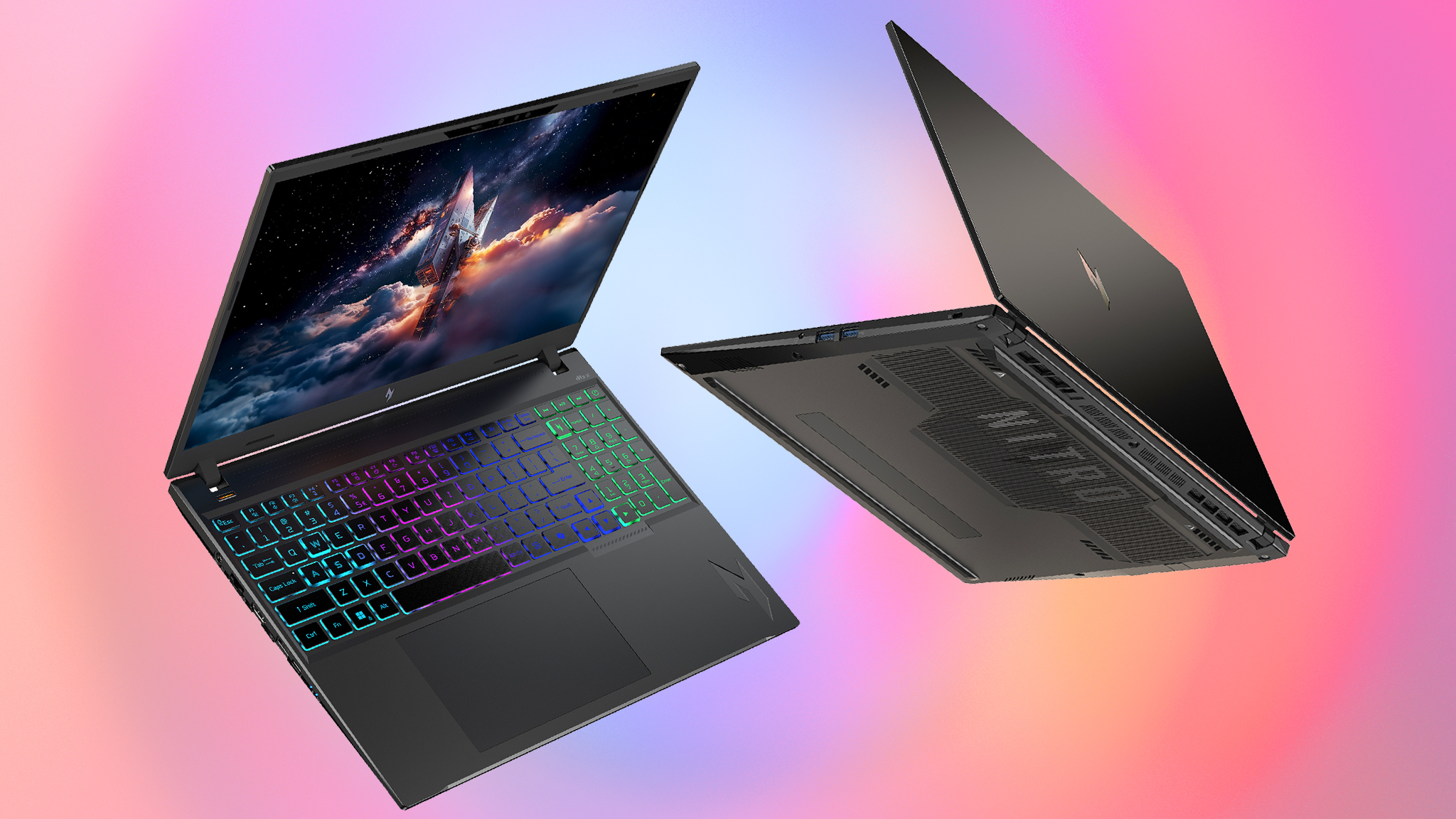 Два игровых ноутбука Acer Nitro V 16 AI: у одного видна клавиатура, у другого — брендинг Nitro на нижней части.