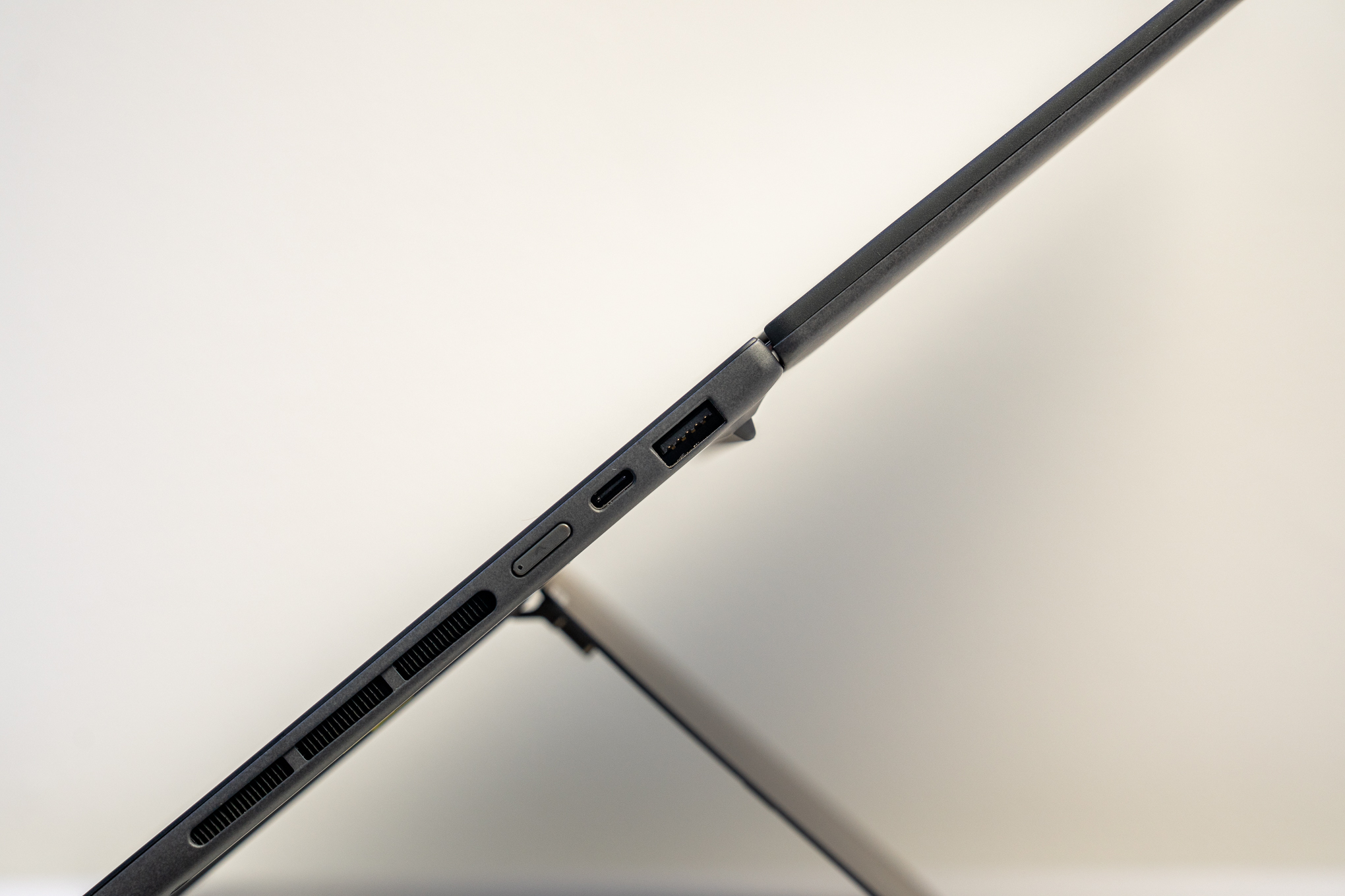 A shot showing the laptop in a tent mode configuration.