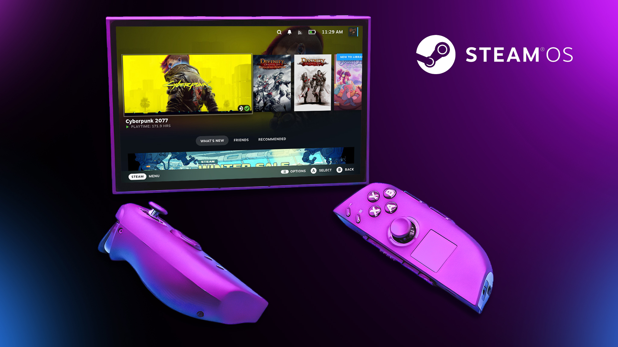 Legion Go 2 (SteamOS) с отсоединенными контроллерами, показывающий SteamOS