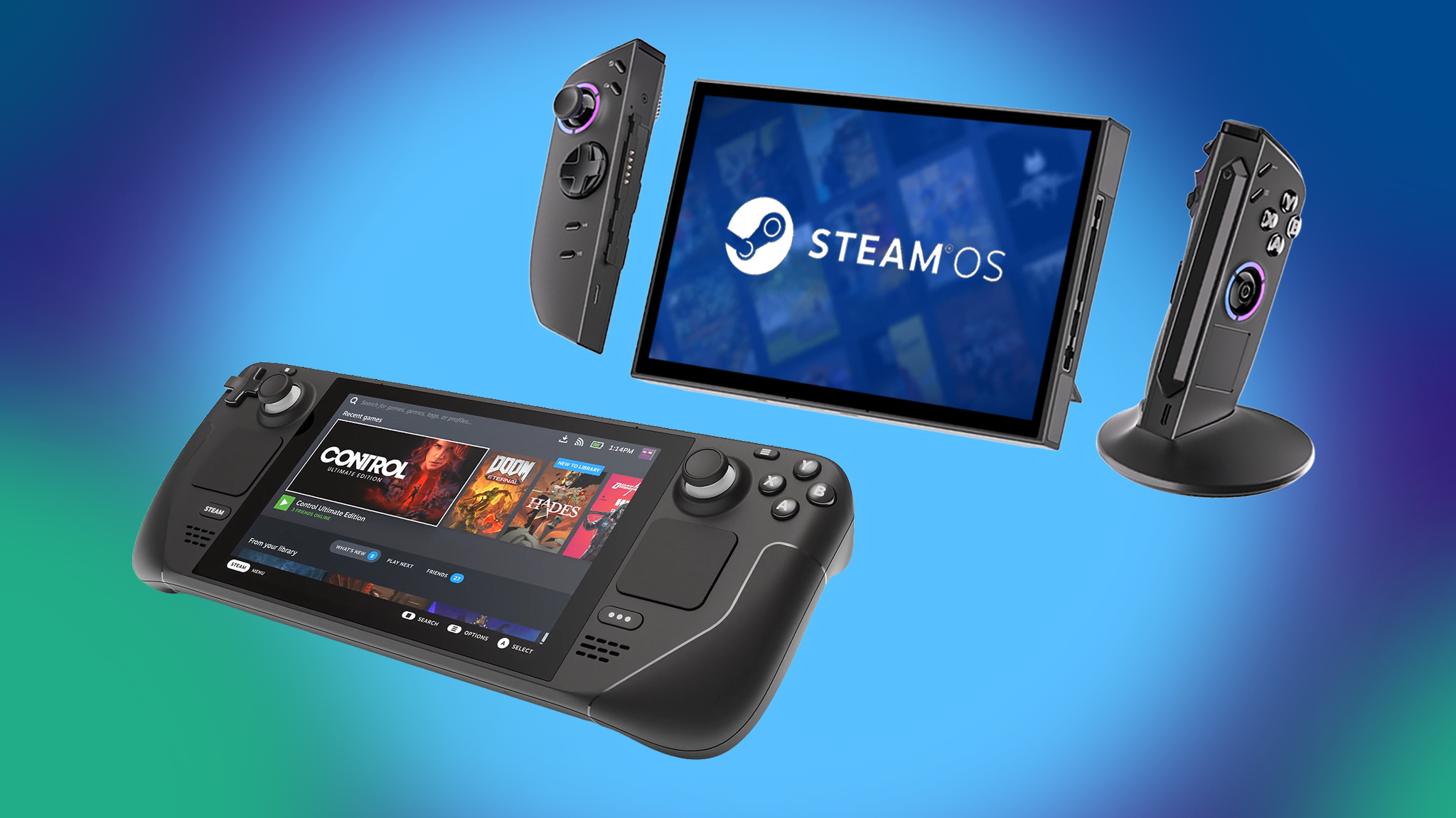 Steam Deck и Legion Go 2 (SteamOS) спереди, контроллеры Legion Go 2 отсоединены.