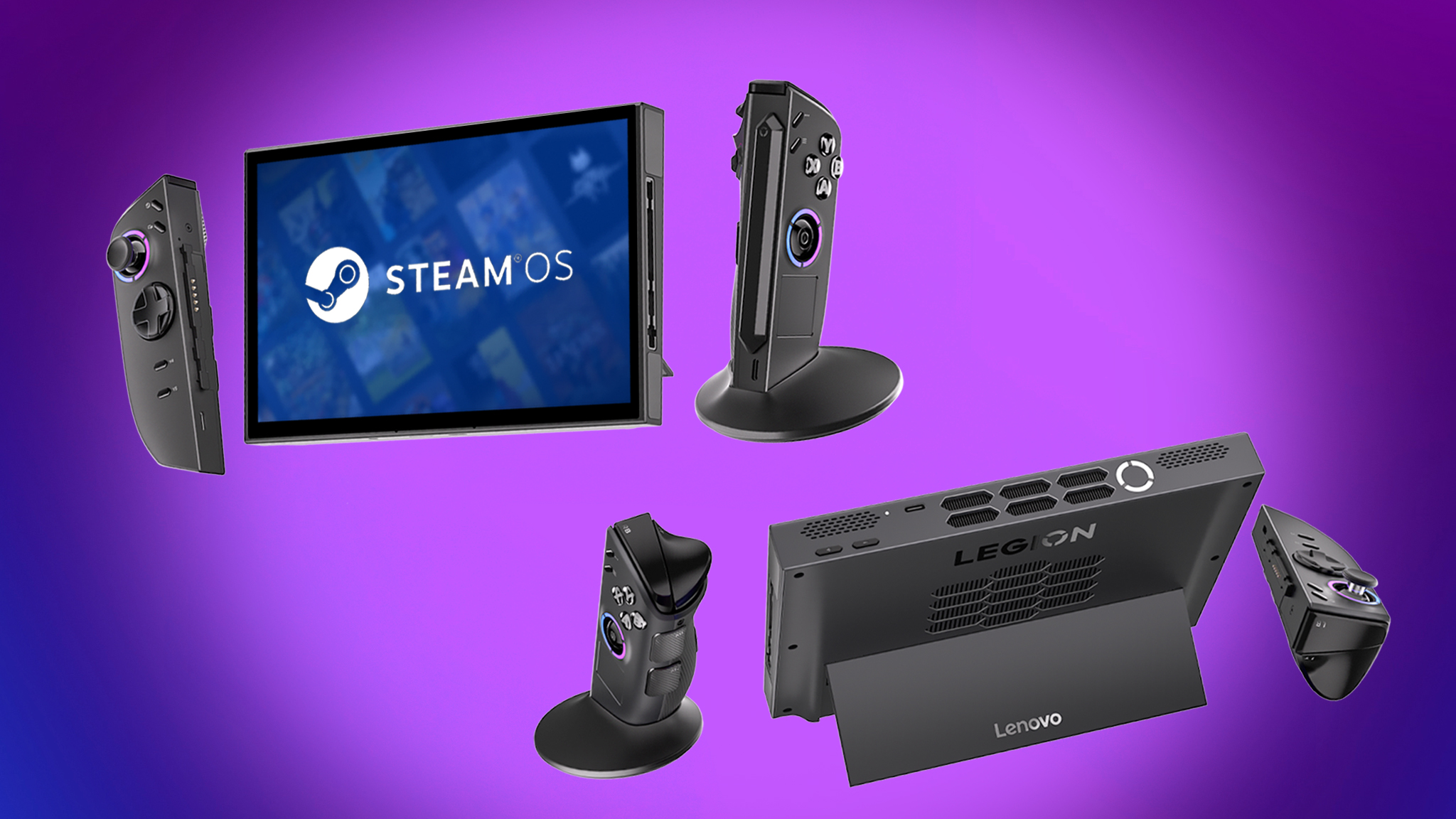 Legion Go 2 (SteamOS) и Legion Go 2 (Windows) с отсоединенными контроллерами.