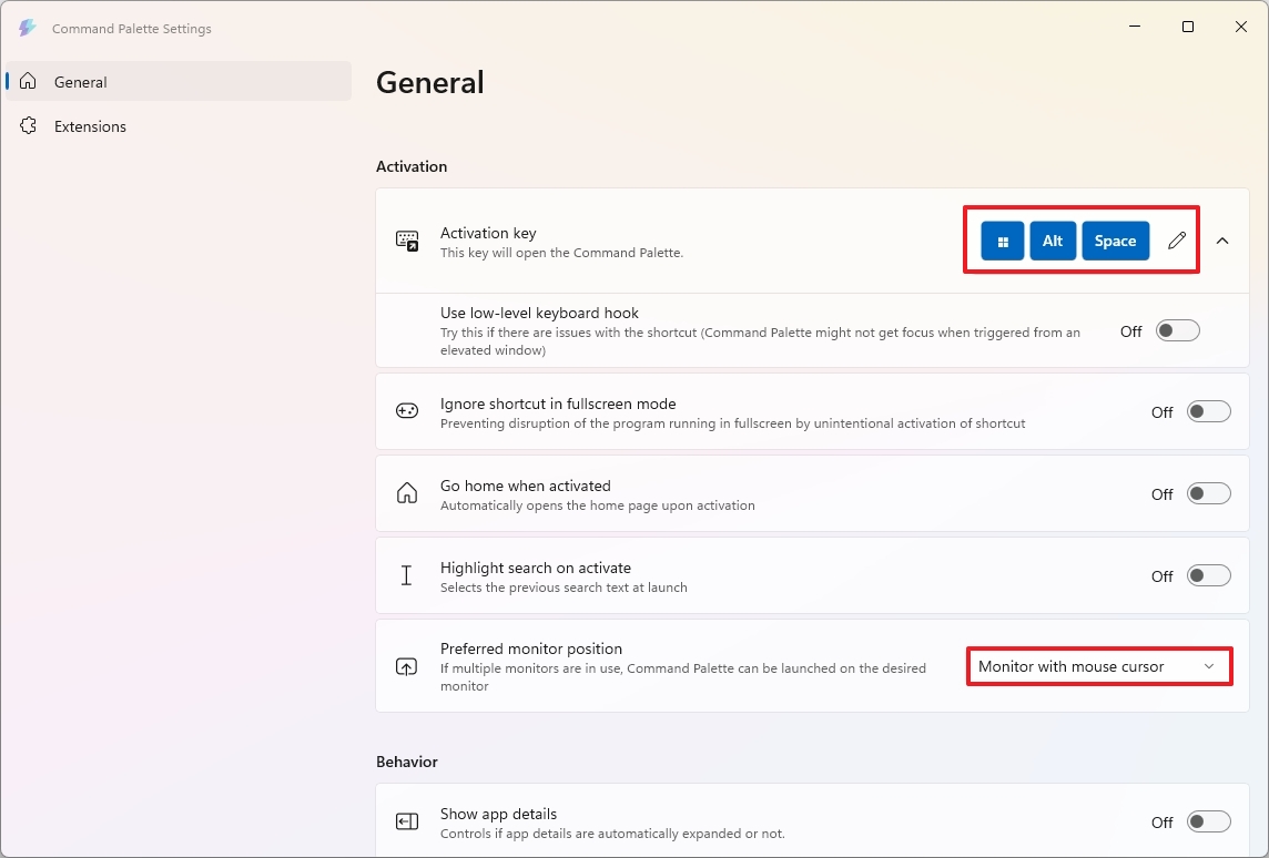 Command Palette activation settings