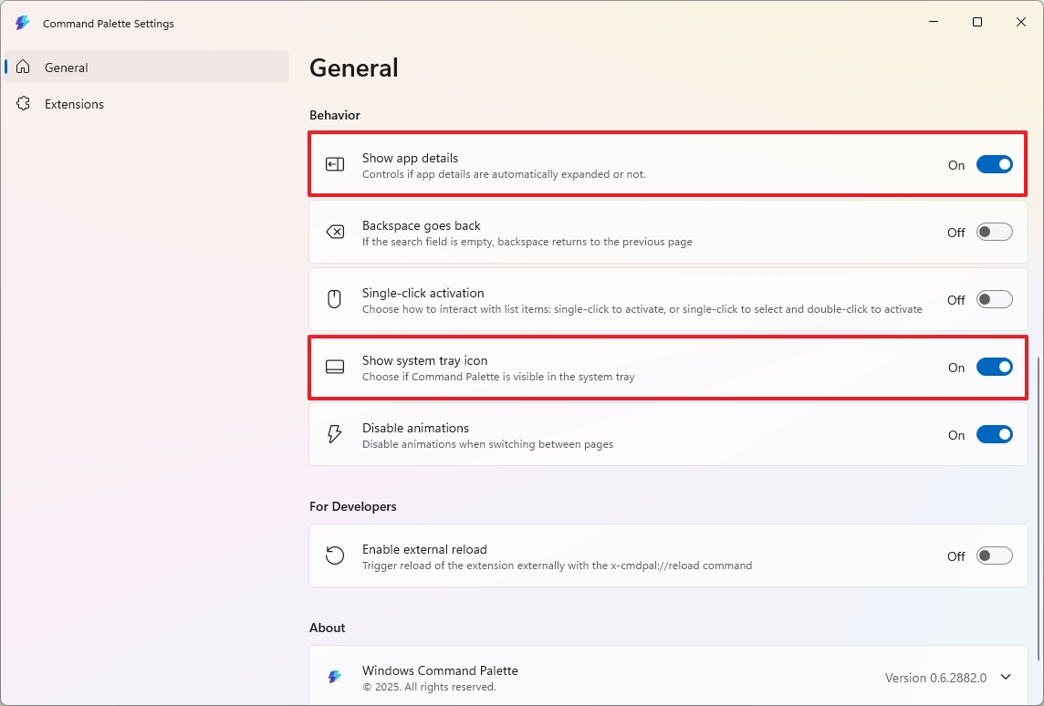 Command Palette behavior settings