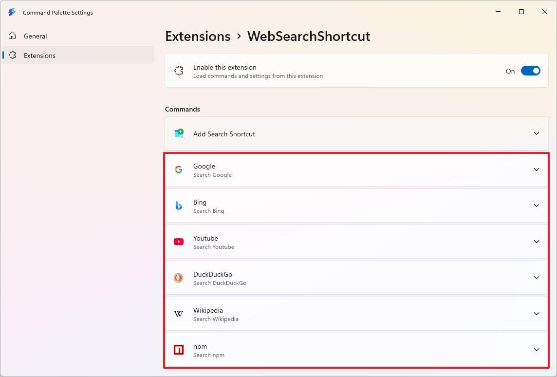 Command Palette WebSearchShortcut