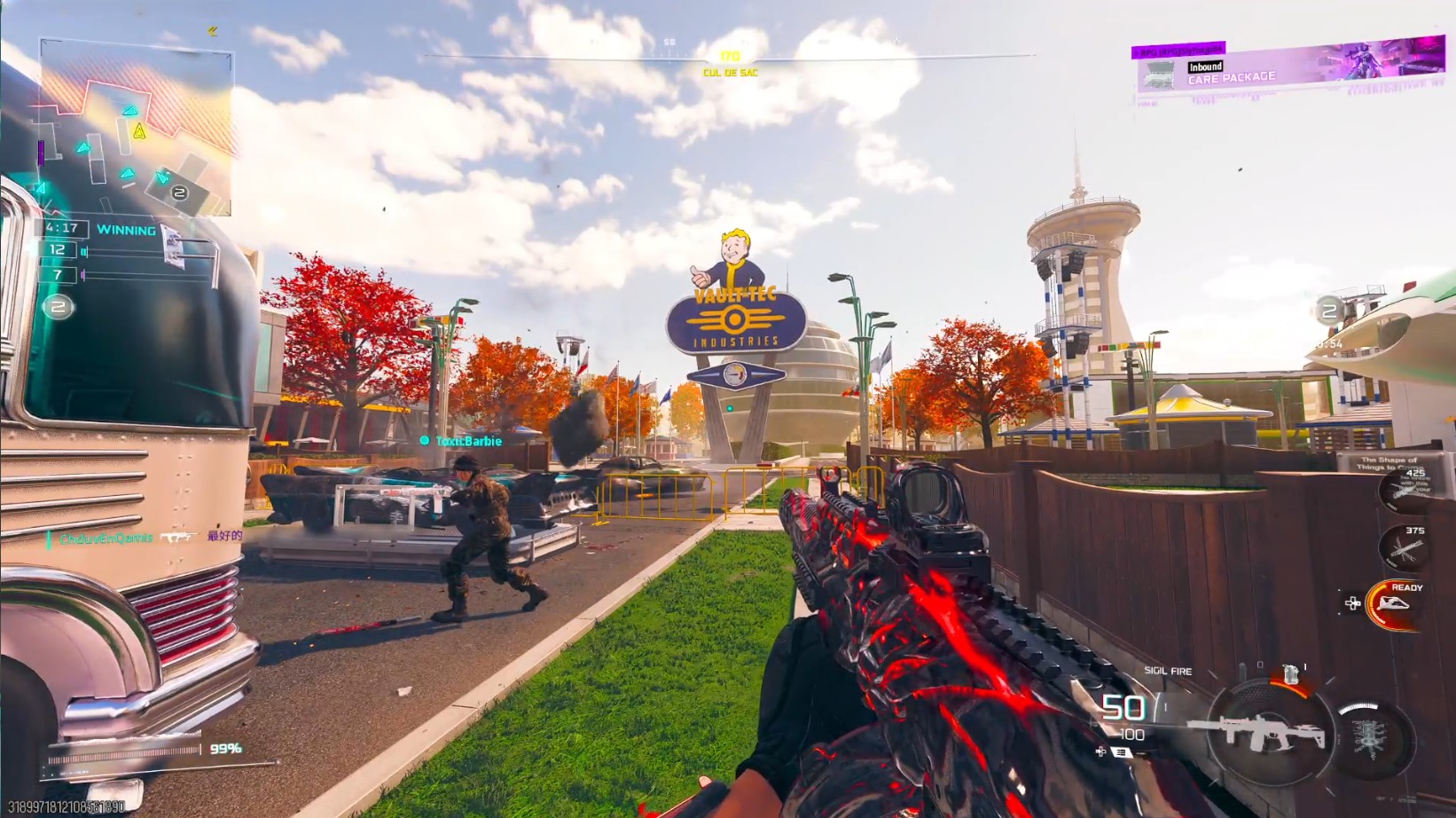 Looking out at the Vault-Tec logo on the Vault Town map in Call of Duty: Black Ops 7.