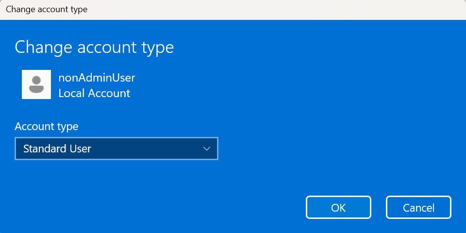 Старый диалог изменения типа учетной записи для других пользователей.