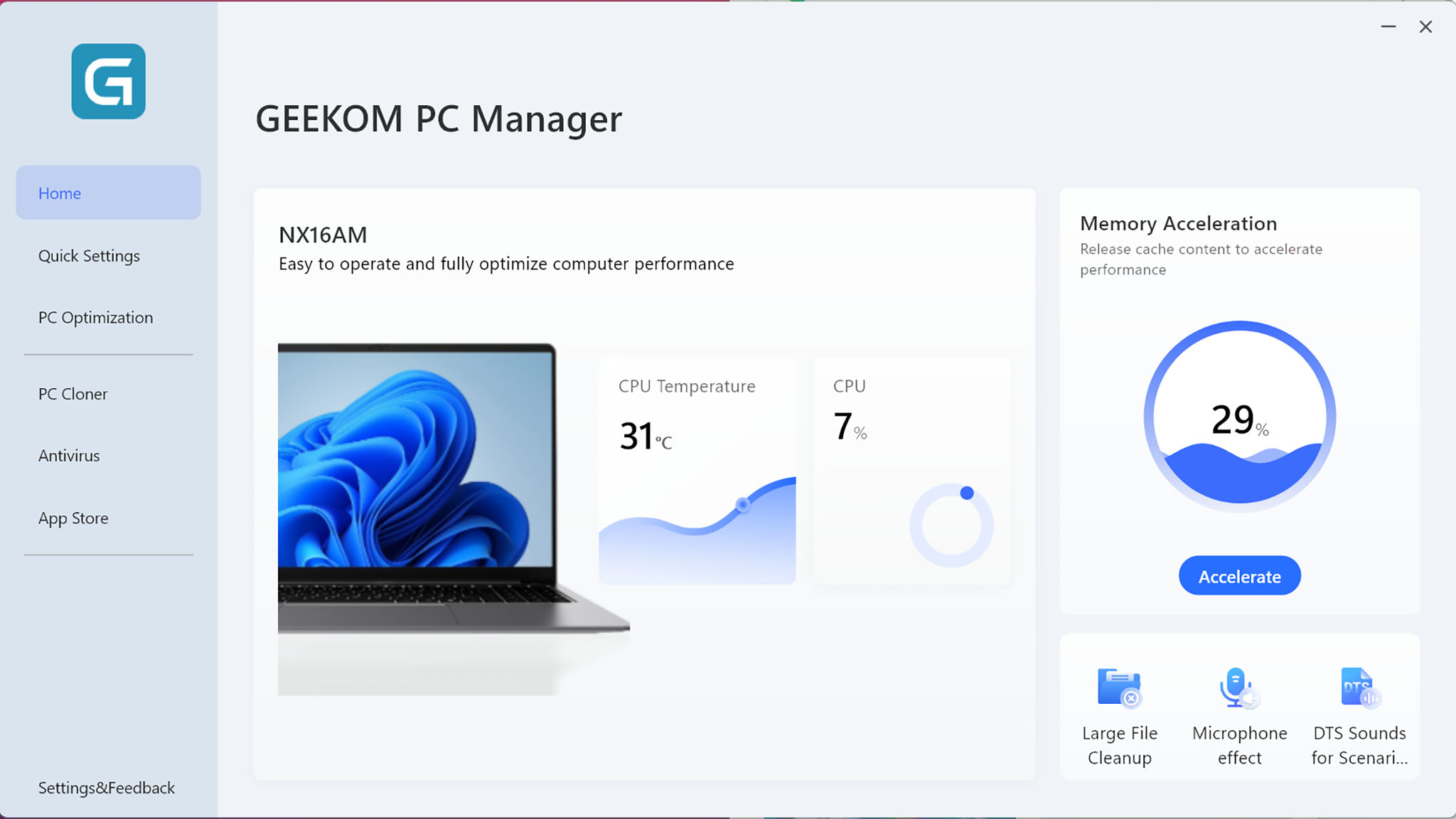Скриншот главного экрана Geekom PC Manager, показывающий производительность процессора и памяти.