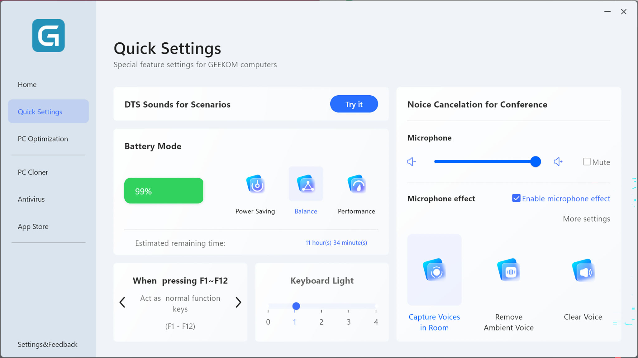 Скриншот вкладки "Быстрые настройки" Geekom PC Manager, показывающей режимы батареи, предустановки функциональных клавиш, уровни подсветки клавиатуры, громкость микрофона и эффекты микрофона.