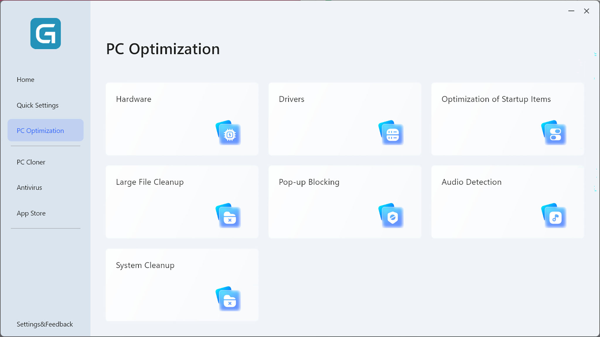 Скриншот вкладки "Оптимизация ПК" Geekom PC Manager, показывающий меню для аппаратного обеспечения, драйверов, автозагрузки, блокировки всплывающих окон, очистки больших файлов, обнаружения звука и очистки системы.