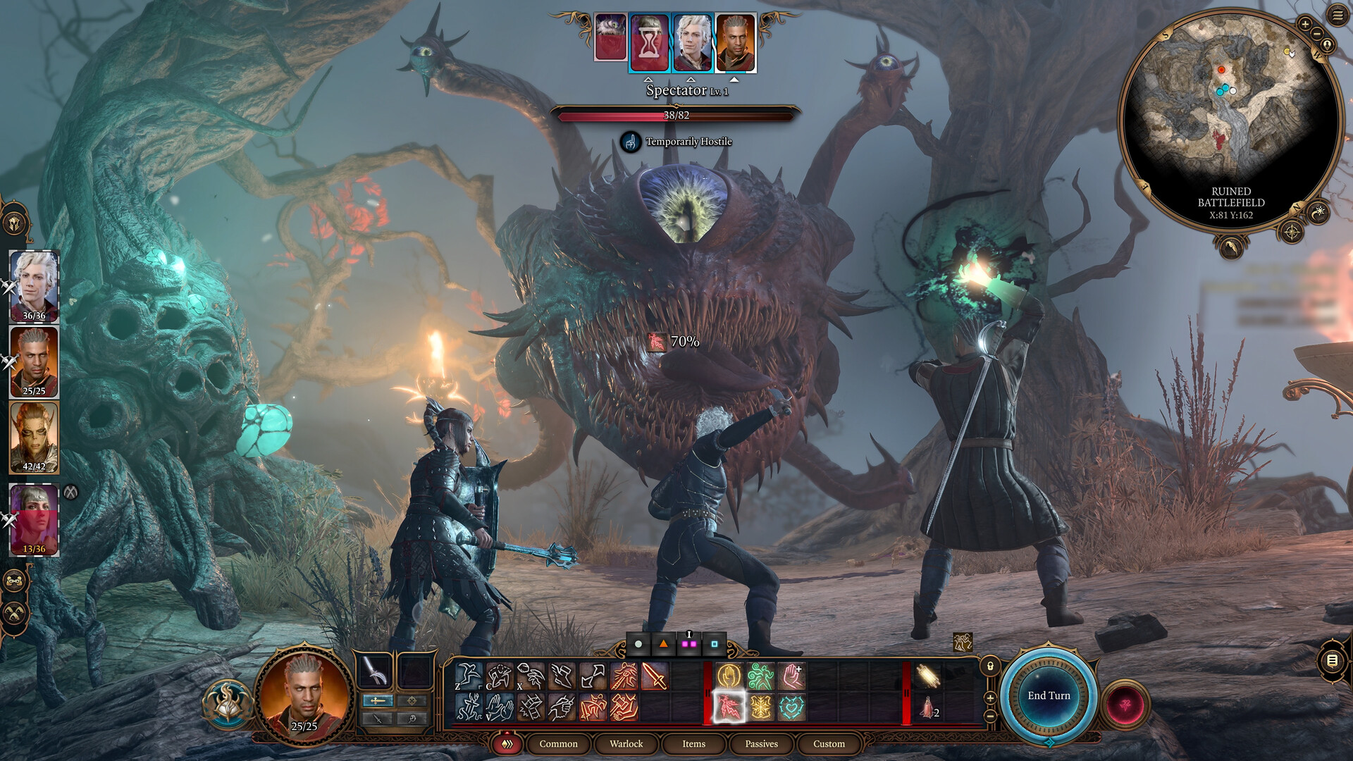 In-game screenshot of the player party fighting a Spectator monster in Baldur's Gate 3
