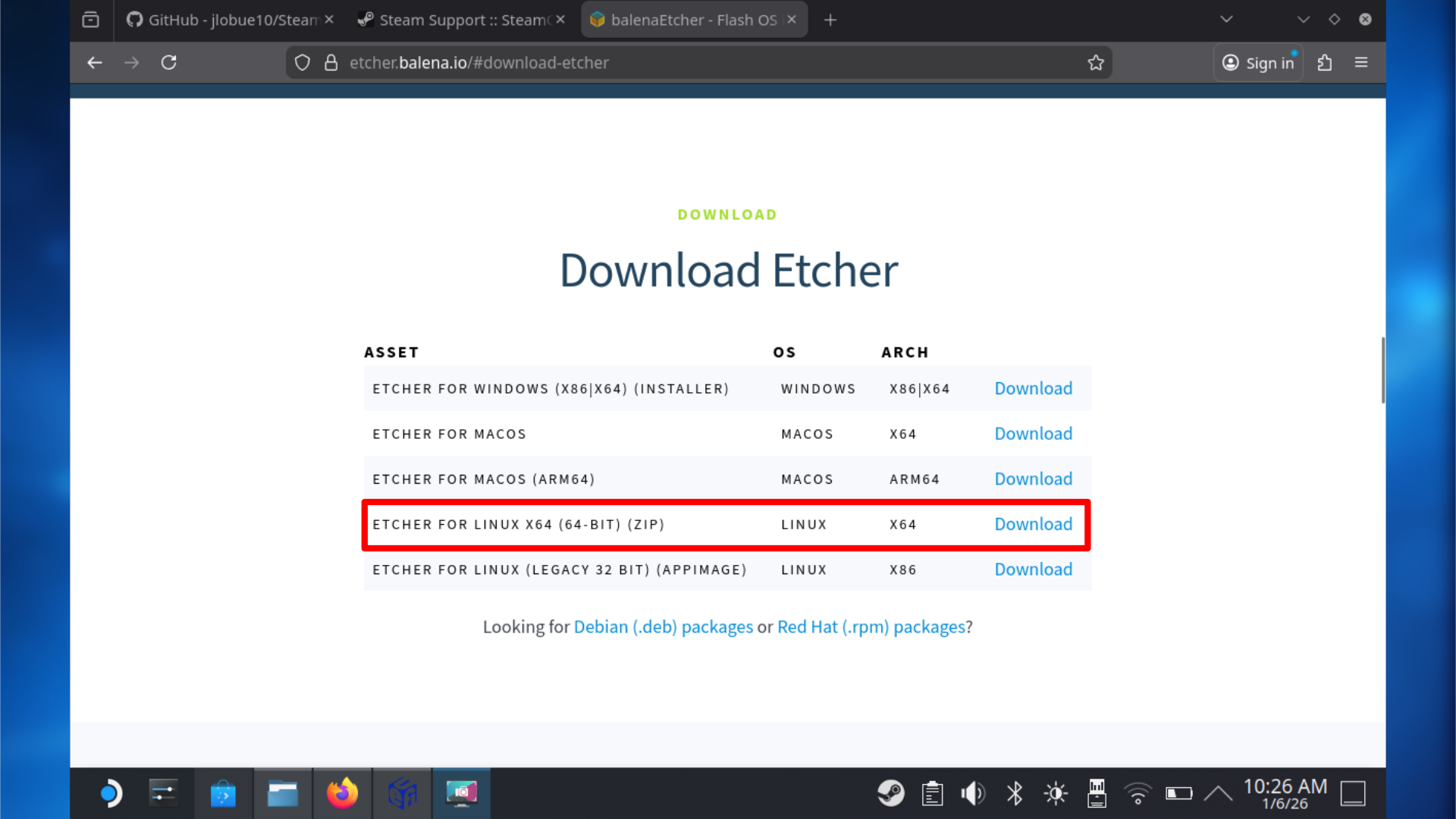 Balena Etcher: скачивание