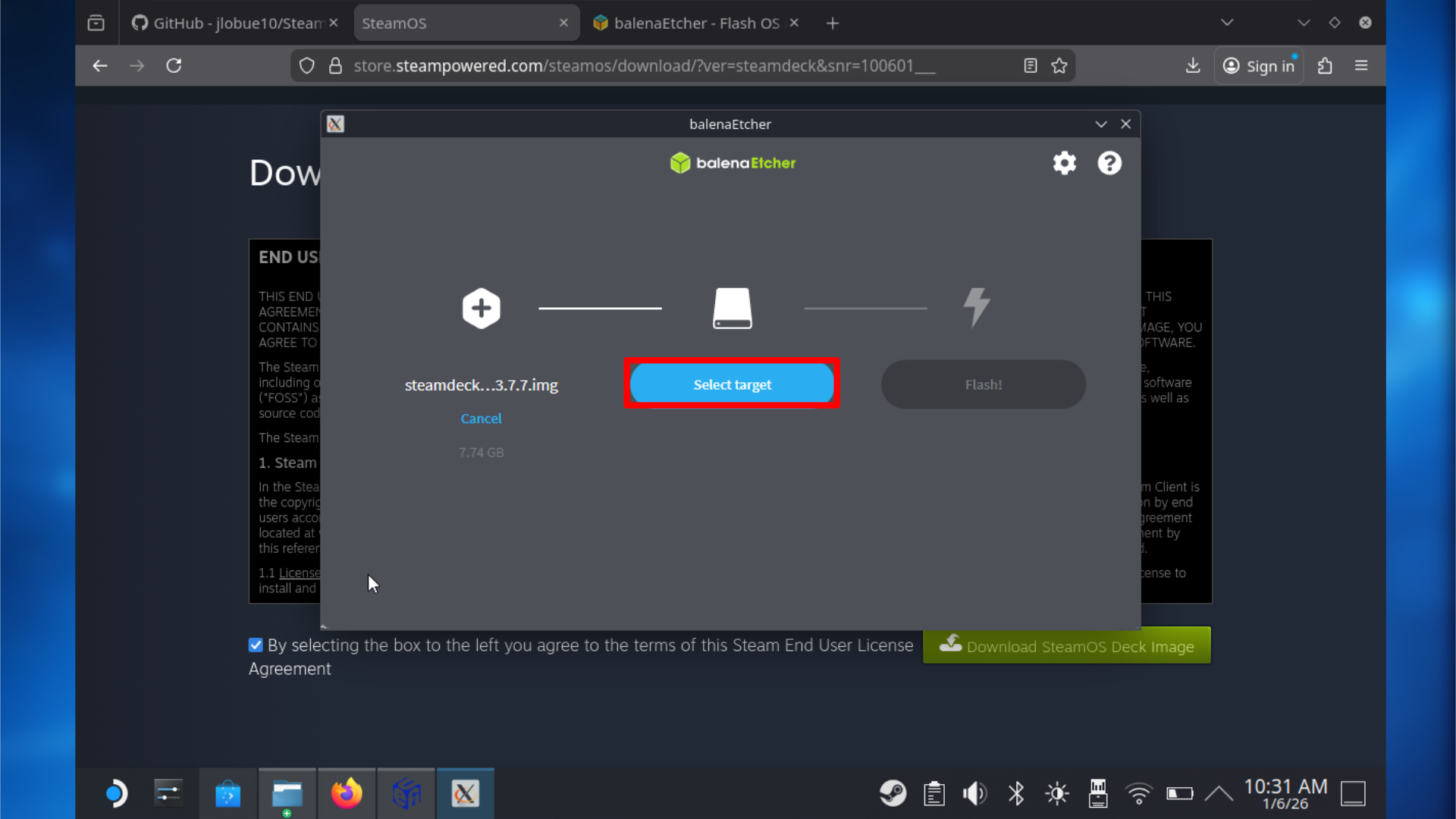 Balena Etcher: выбор флешки