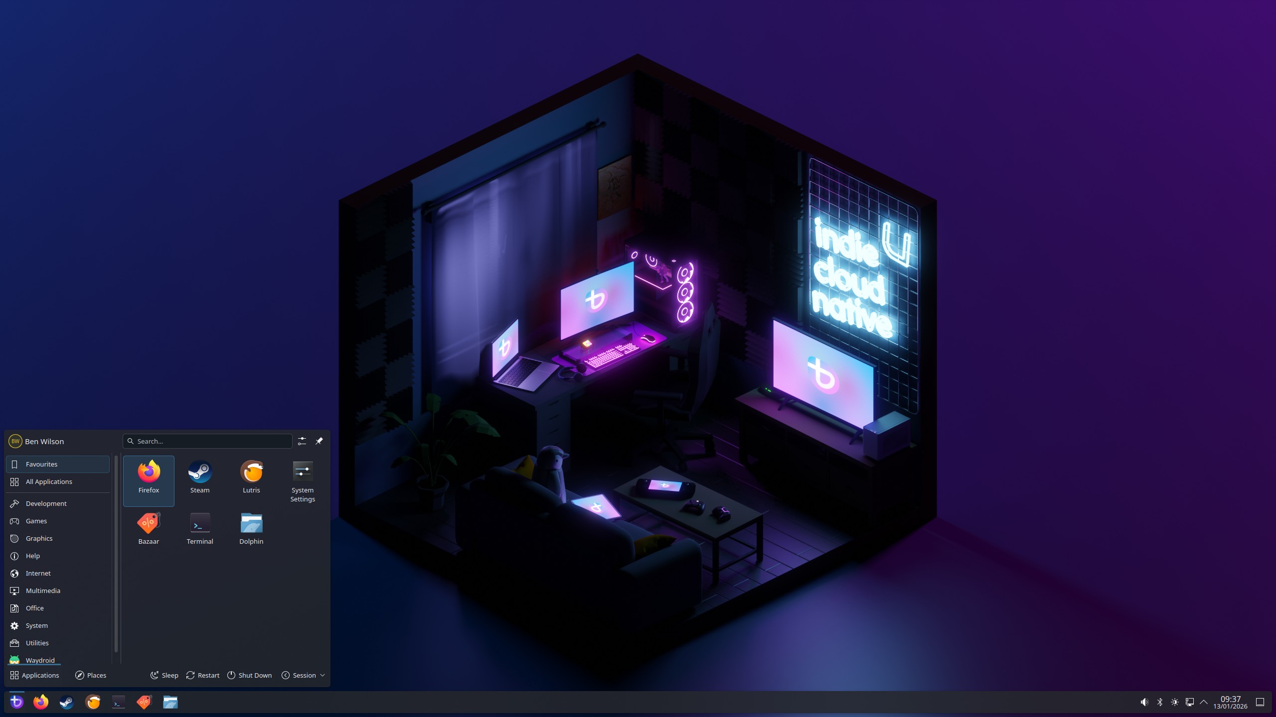 Скриншот рабочего стола Bazzite с интерфейсом и примерами приложений