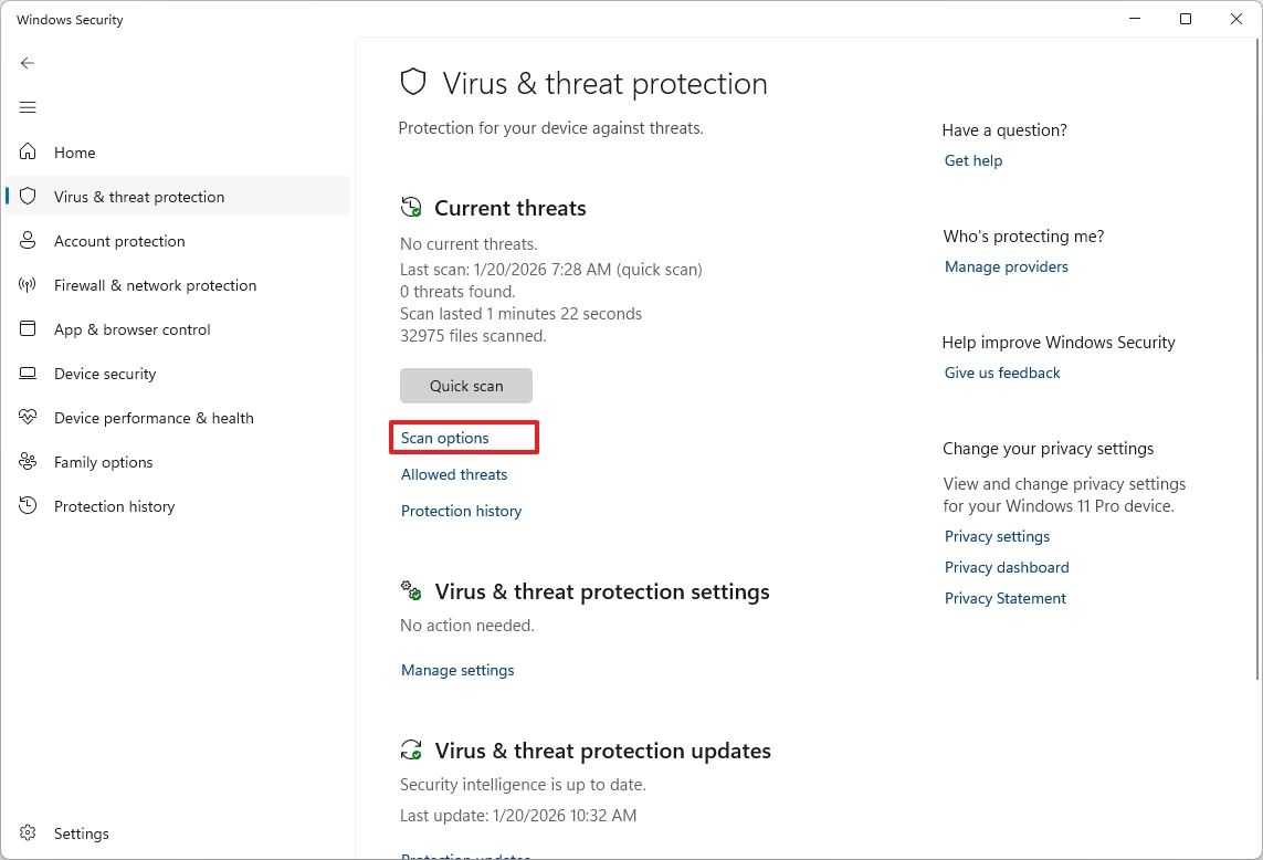 Windows Security scan options