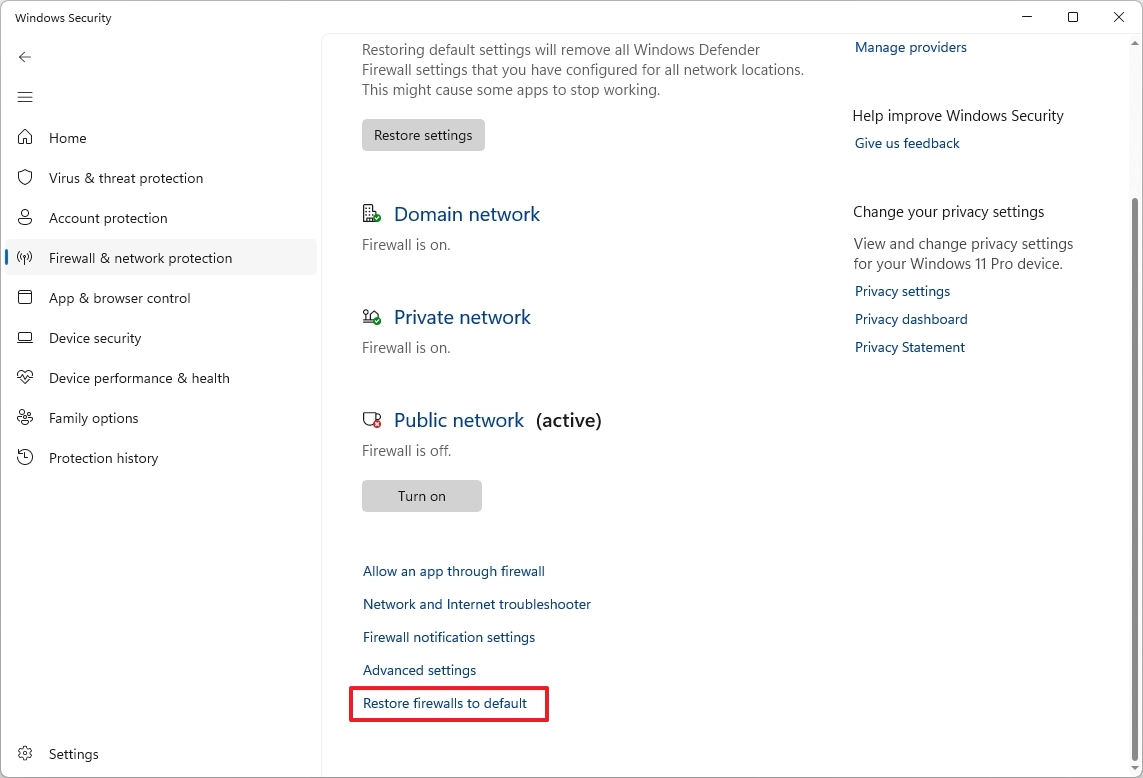 Restore firewalls to default