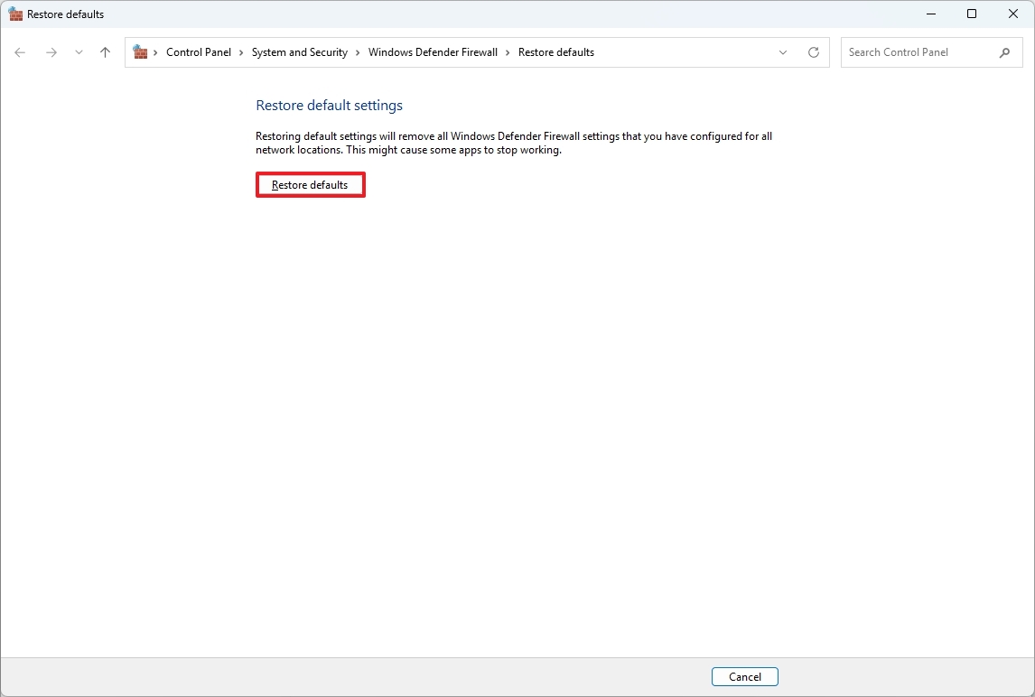 Restore defaults from Control Panel
