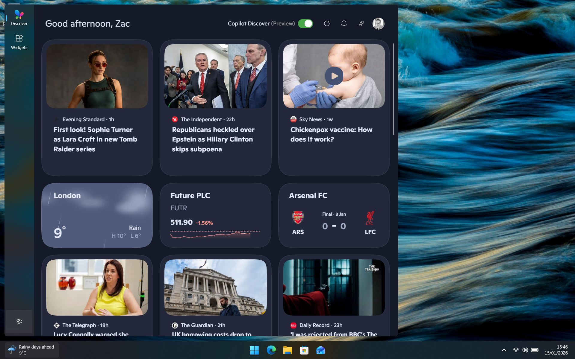 Новая панель виджетов с Copilot Discover