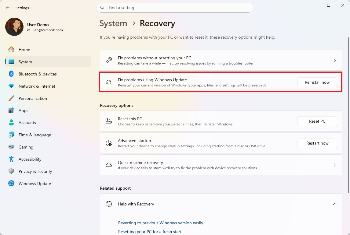Windows 11 reinstall option