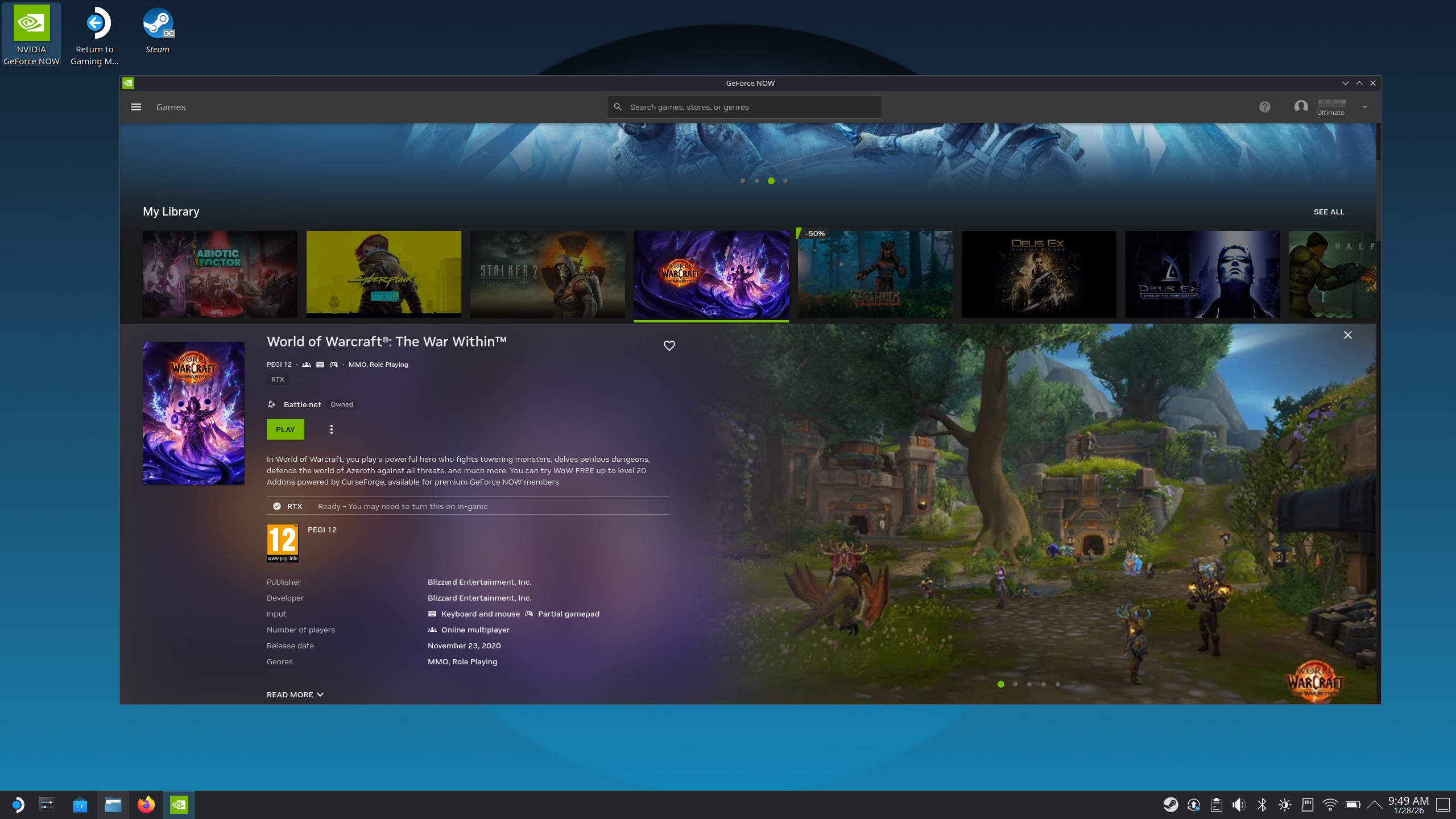NVIDIA GeForce NOW native Linux app running on SteamOS in Desktop Mode.