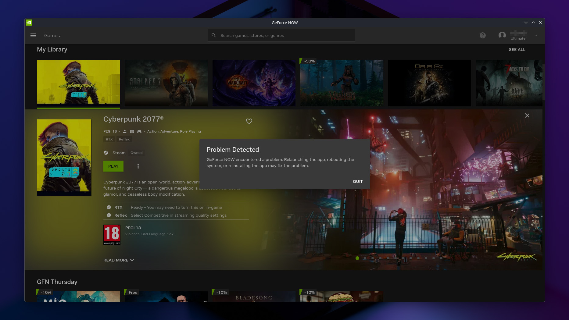 NVIDIA GeForce NOW displaying an error while running the native Linux app on Bazzite.