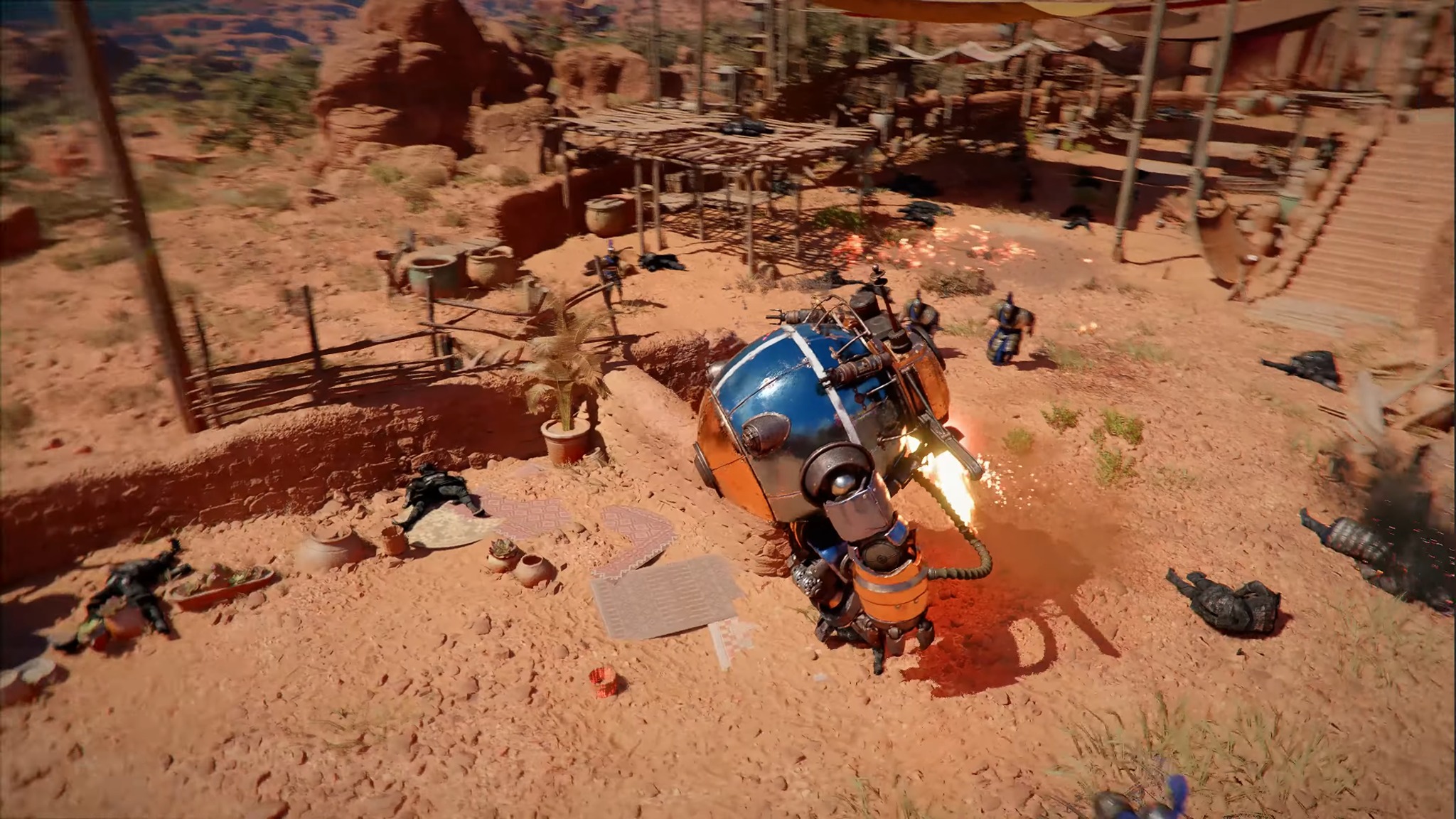 Promotional screenshot of the player riding a giant mech in Crimson Desert