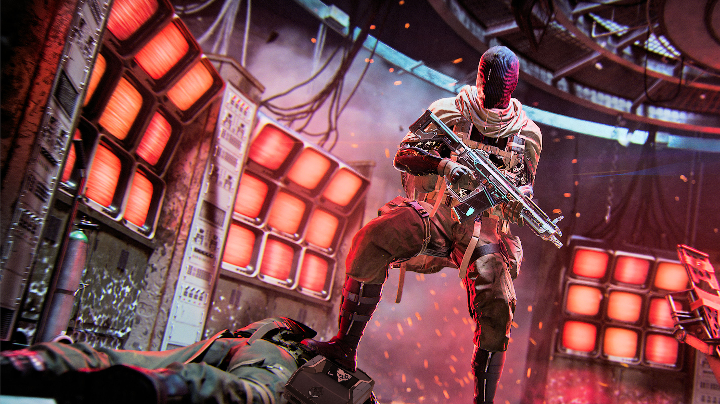 Изображение оператора Call of Duty, наступающего на тело, голова которого заменена устройством Cronus Zen.