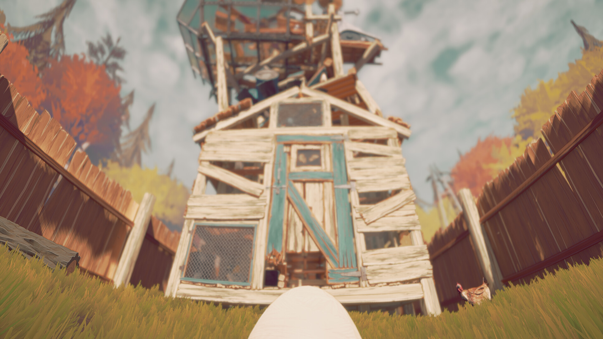 Egging On screenshot of a small egg looking at a dilapidated chicken coop.