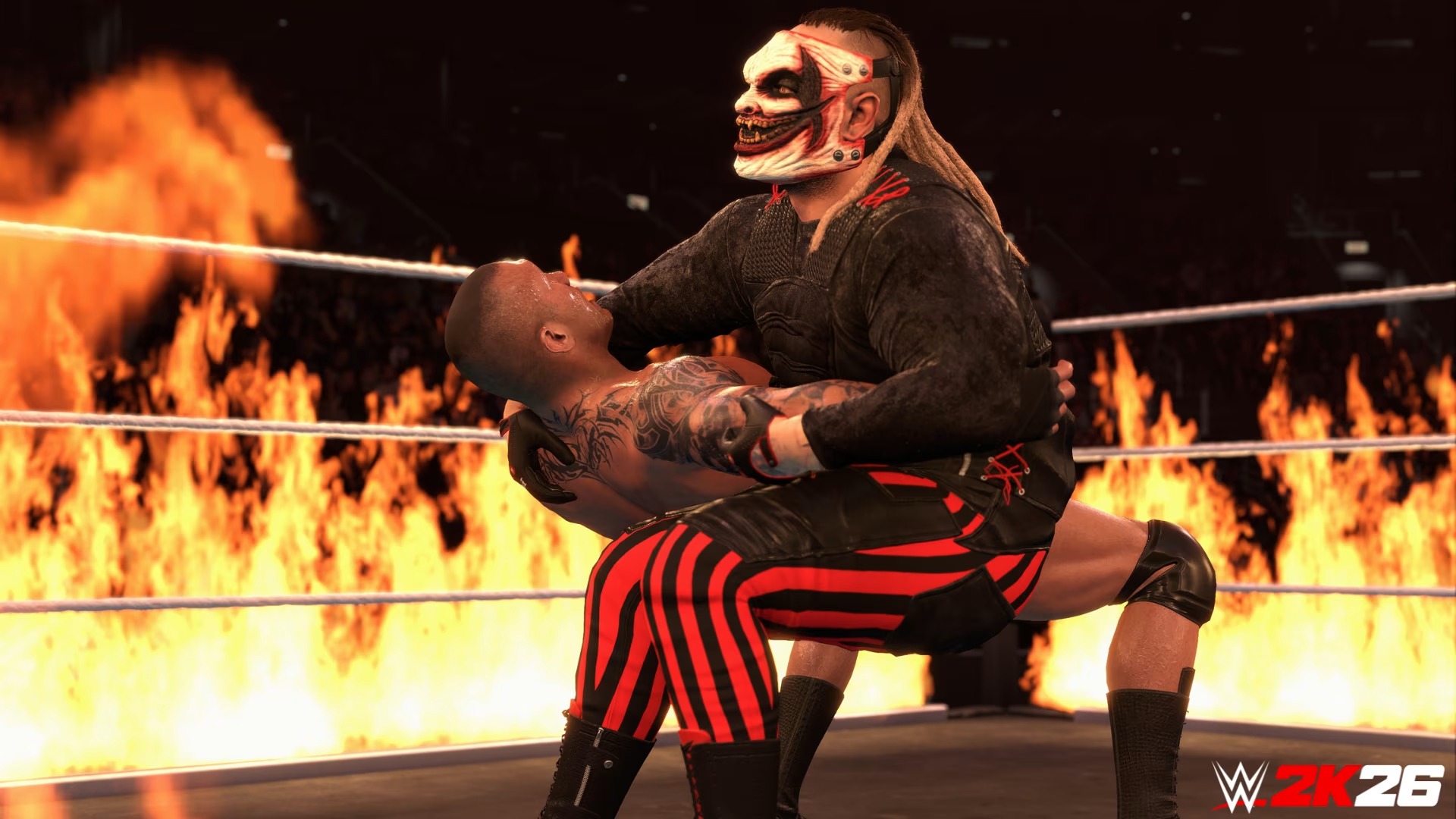 Promotional screenshot of Randy Orton vs Bray Wyatt's "Fiend" persona in WWE 2K26's Inferno Match
