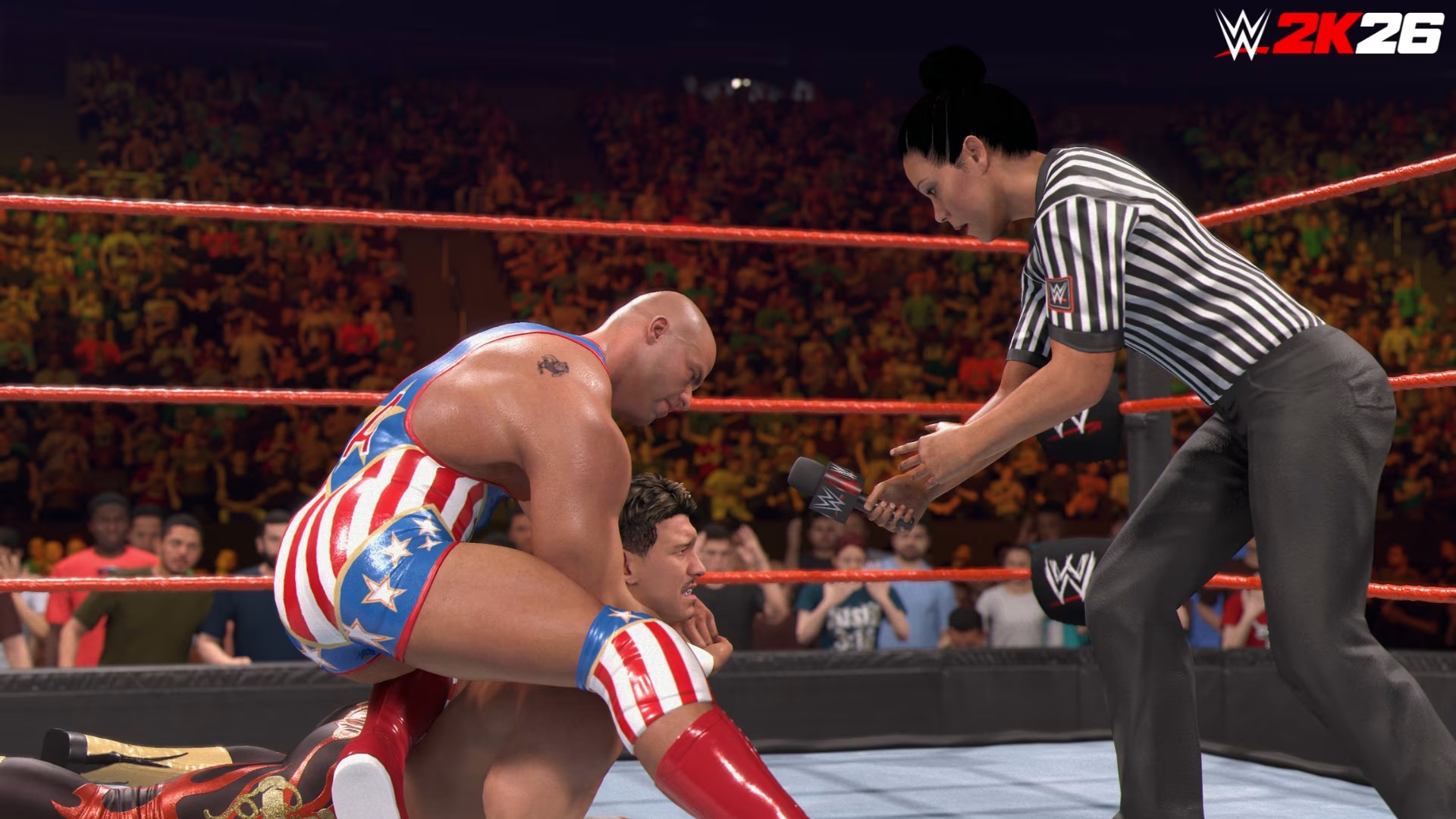 Promotional screenshot of Kurt Angle Vs Eddie Guerrero in WWE 2K26's I Quit Match