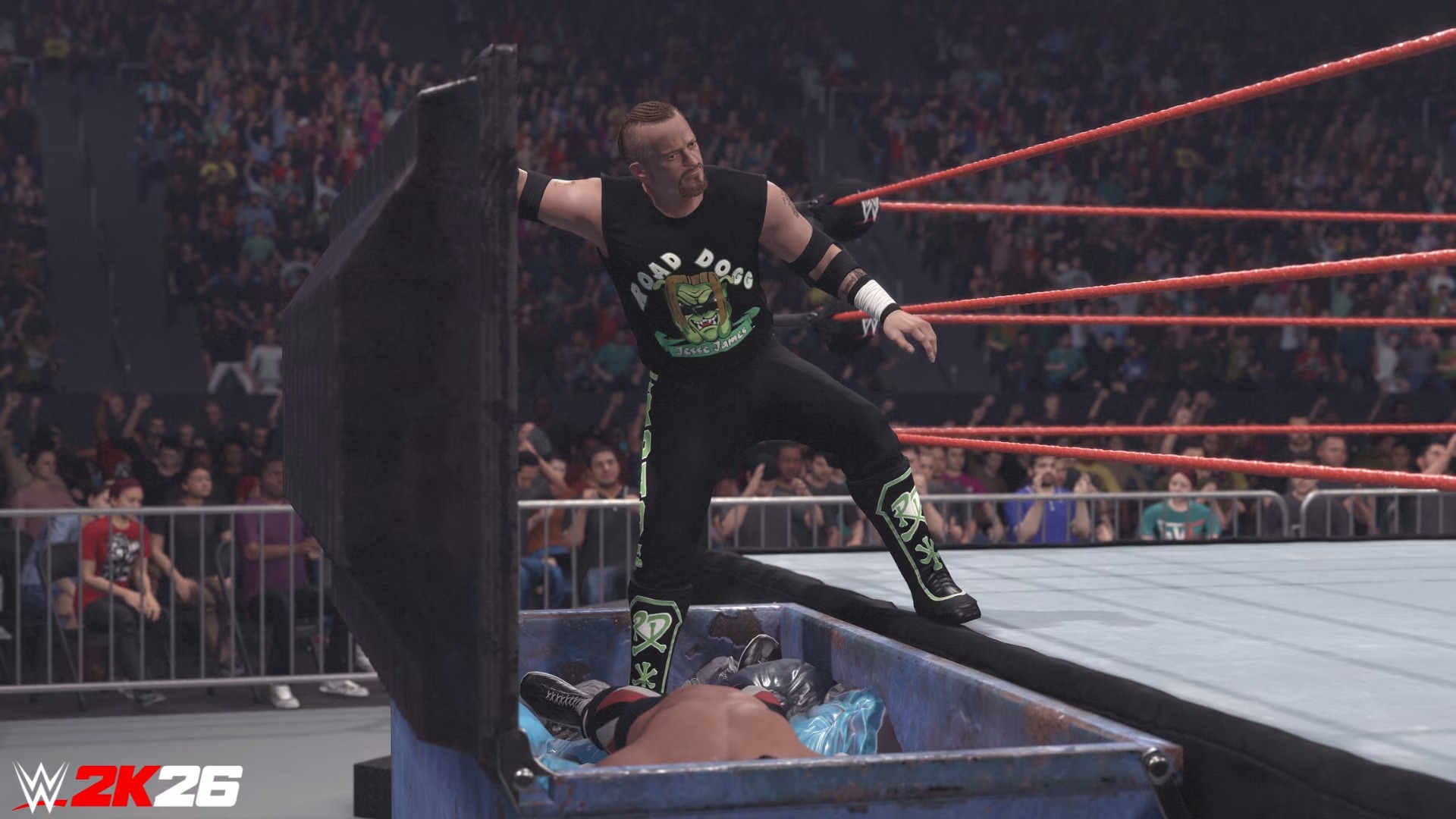 Promotional screenshot of Road Dogg in a Dumpster Match