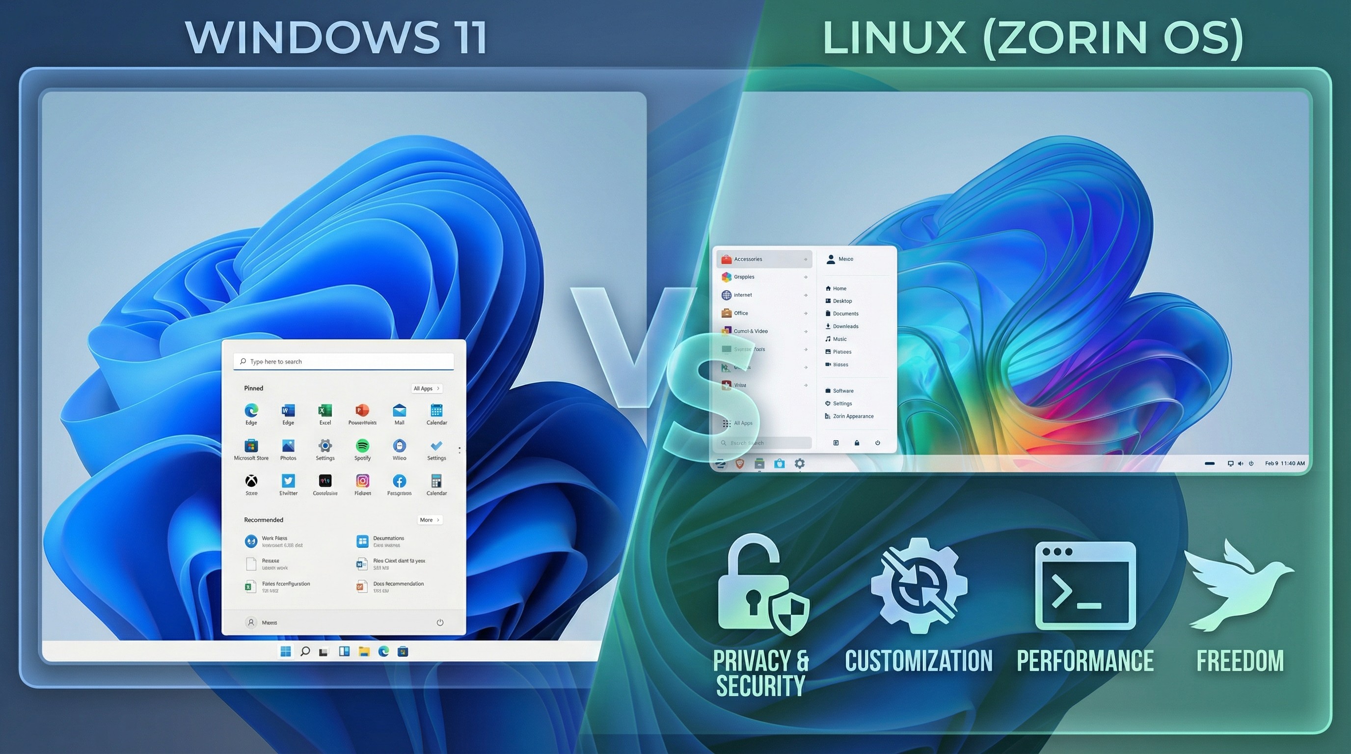 Mockups of Windows 11 and Linux with pros and cons of each