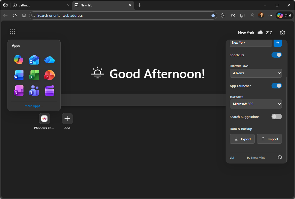 Fluent New Tab app launcher