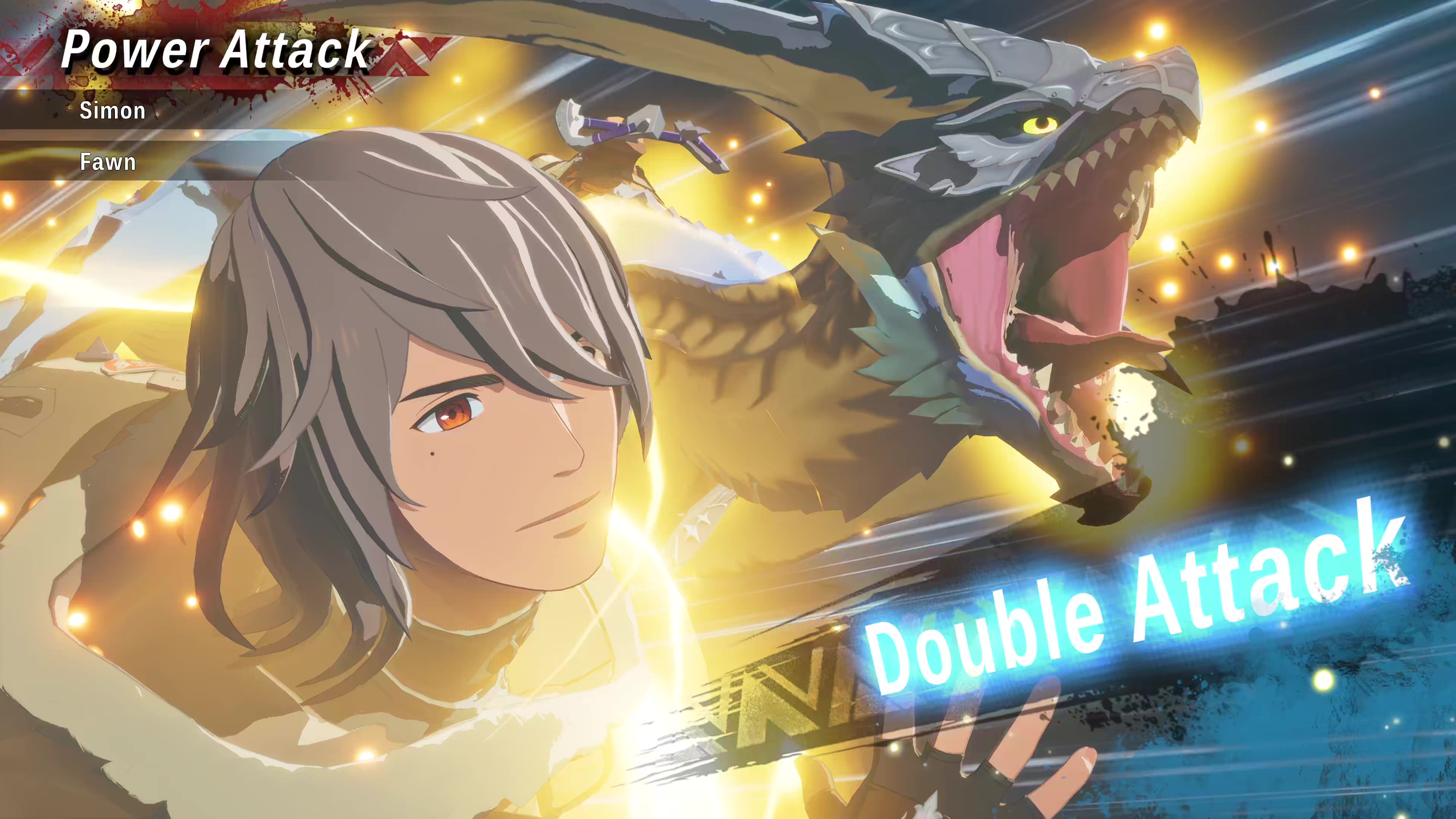 Personally taken in-game screenshot of Simon performing a Double Attack with his Legiana in Monster Hunter Stories 3: Twisted Reflection.