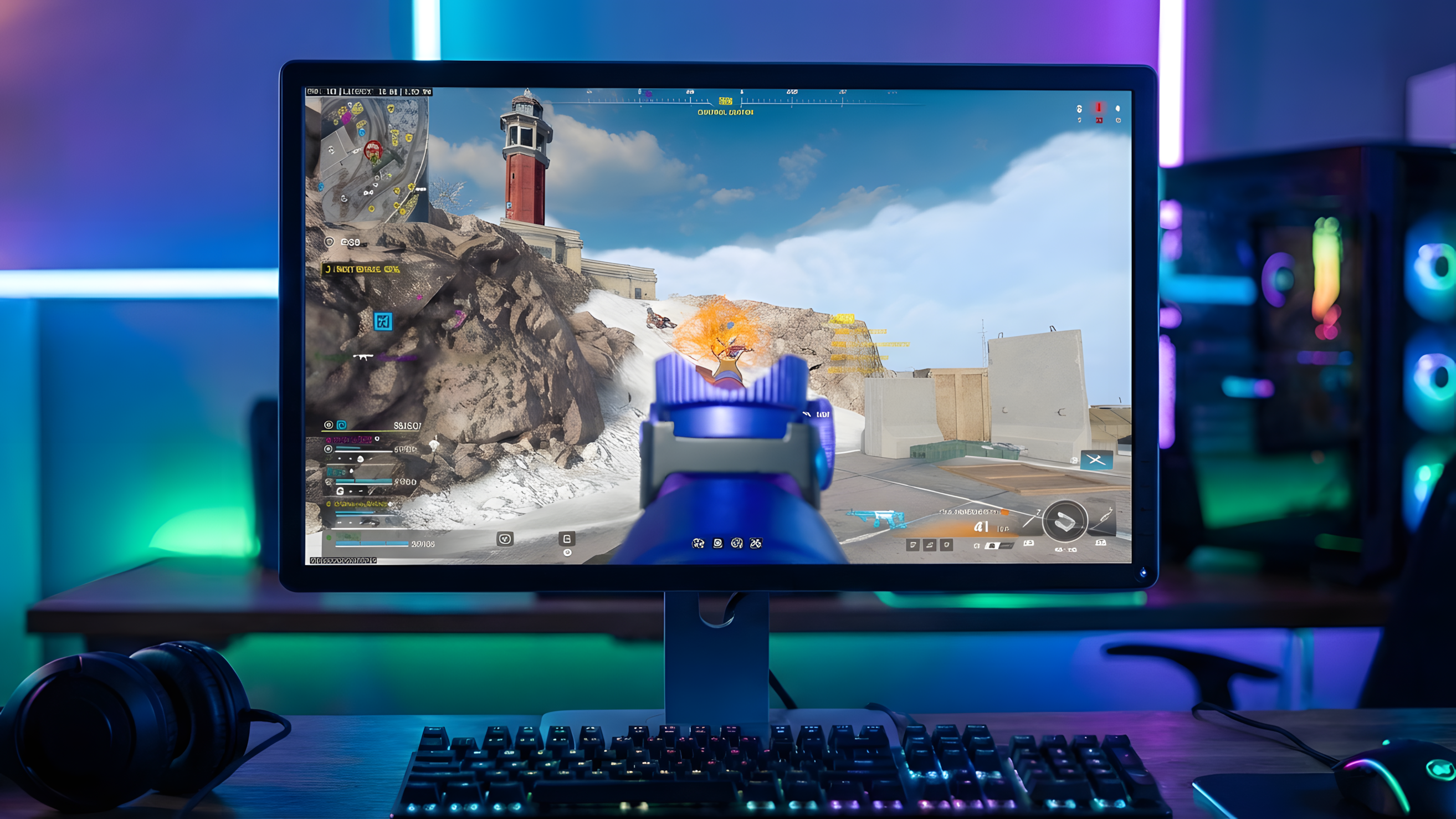 Скриншот карты Winter Rebirth Island в Call of Duty: Warzone с синим оружием Paintstorm C9.