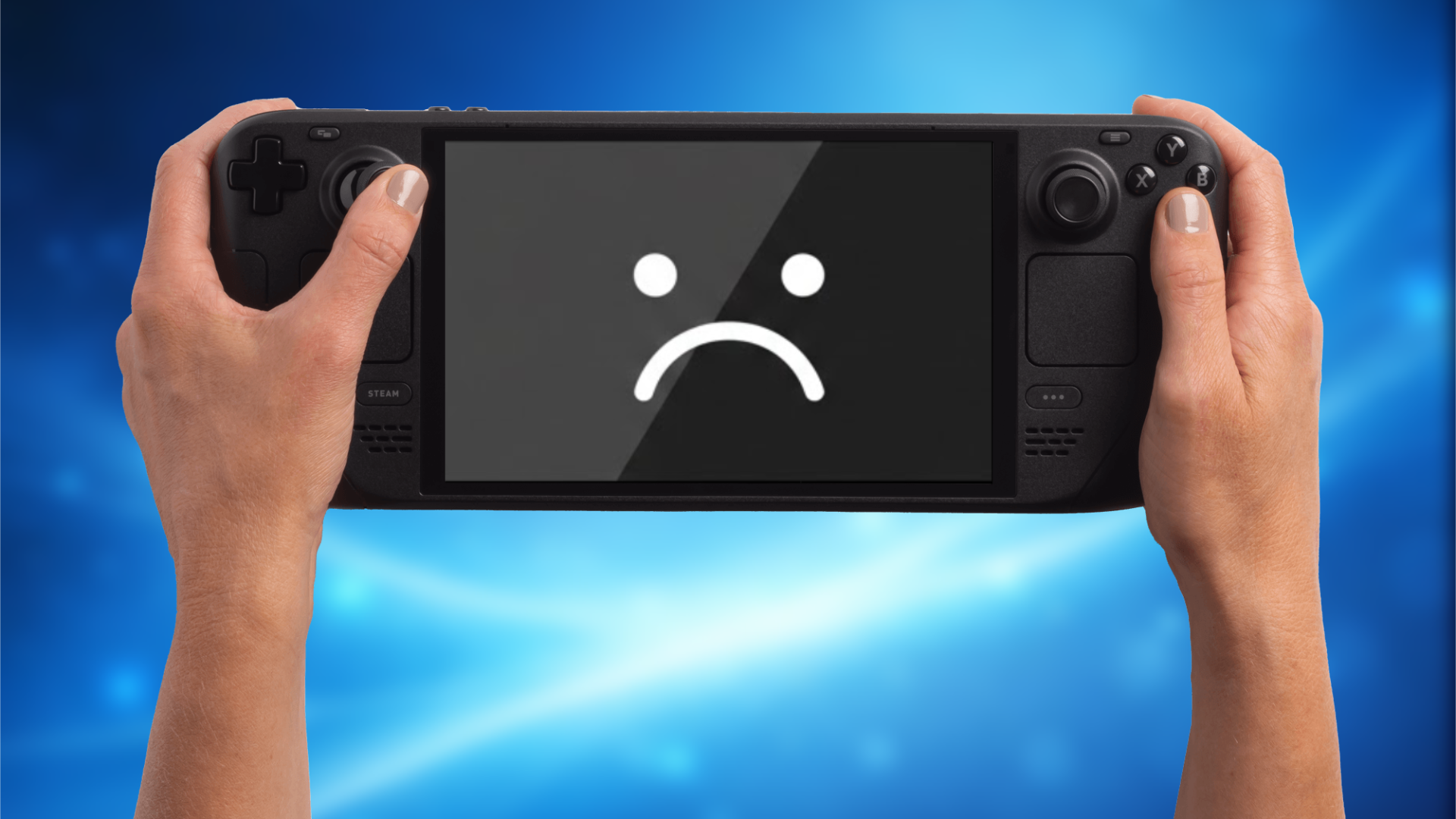 Steam Deck OLED с грустным лицом