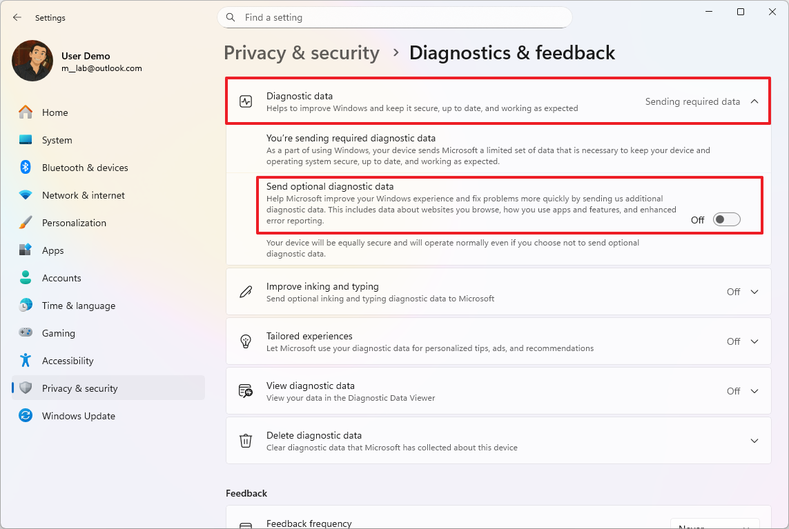 Необязательные диагностические данные