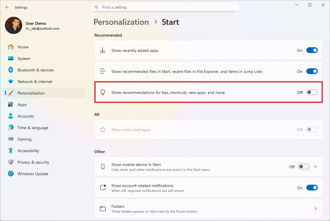 Рекомендации в Пуске
