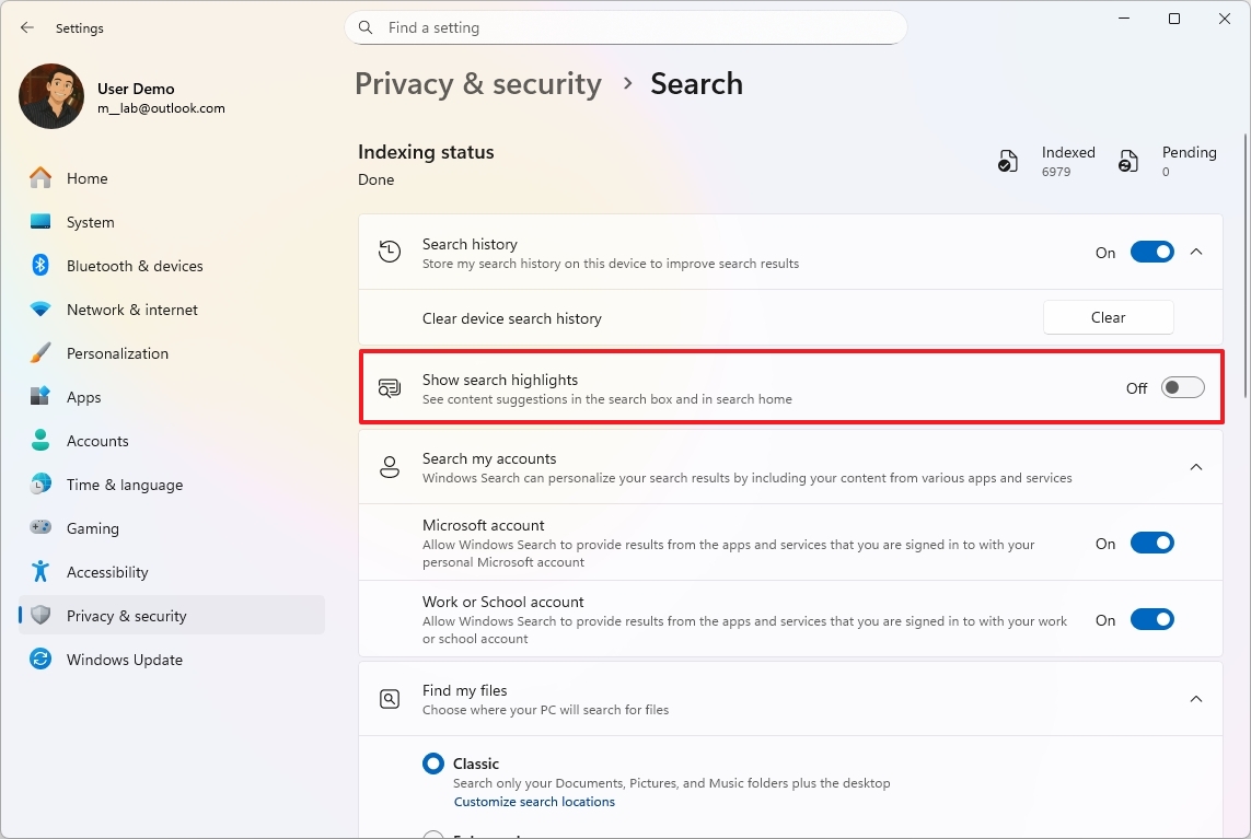 Отключить рекомендации поиска