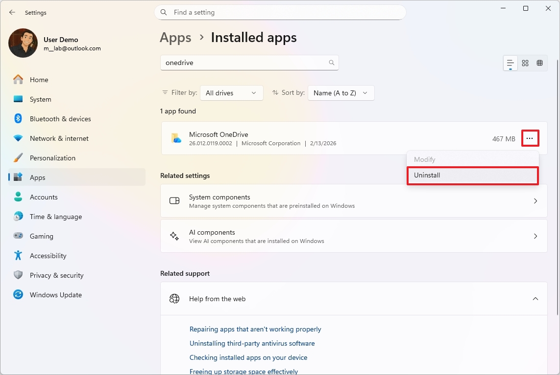 Удалить OneDrive