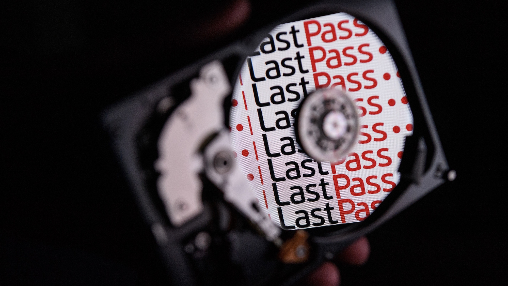 Логотип LastPass, отраженный на дисках жесткого диска