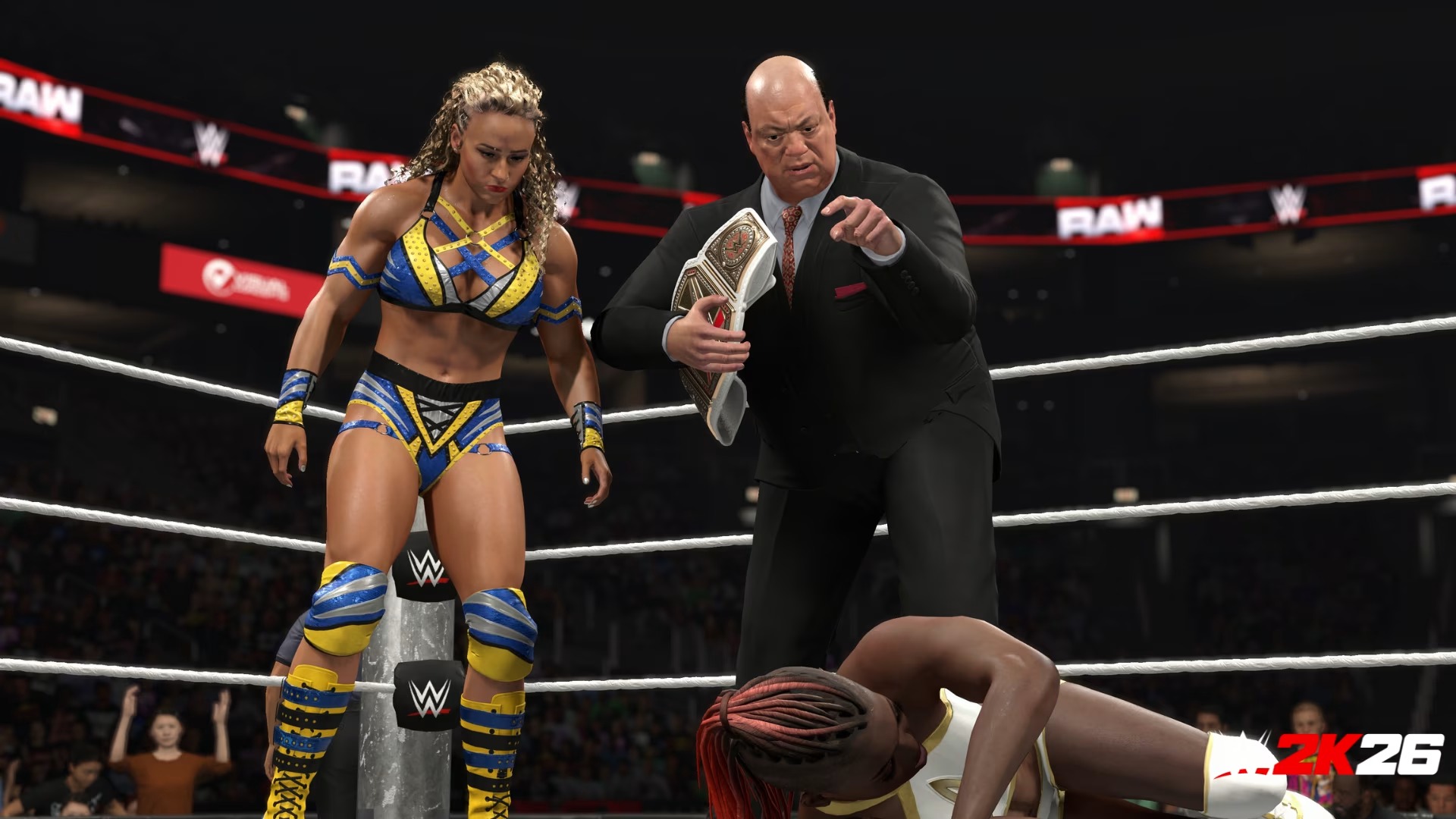 Promotional screenshot of Jordynne Grace aligning with Paul Heyman in WWE 2K26
