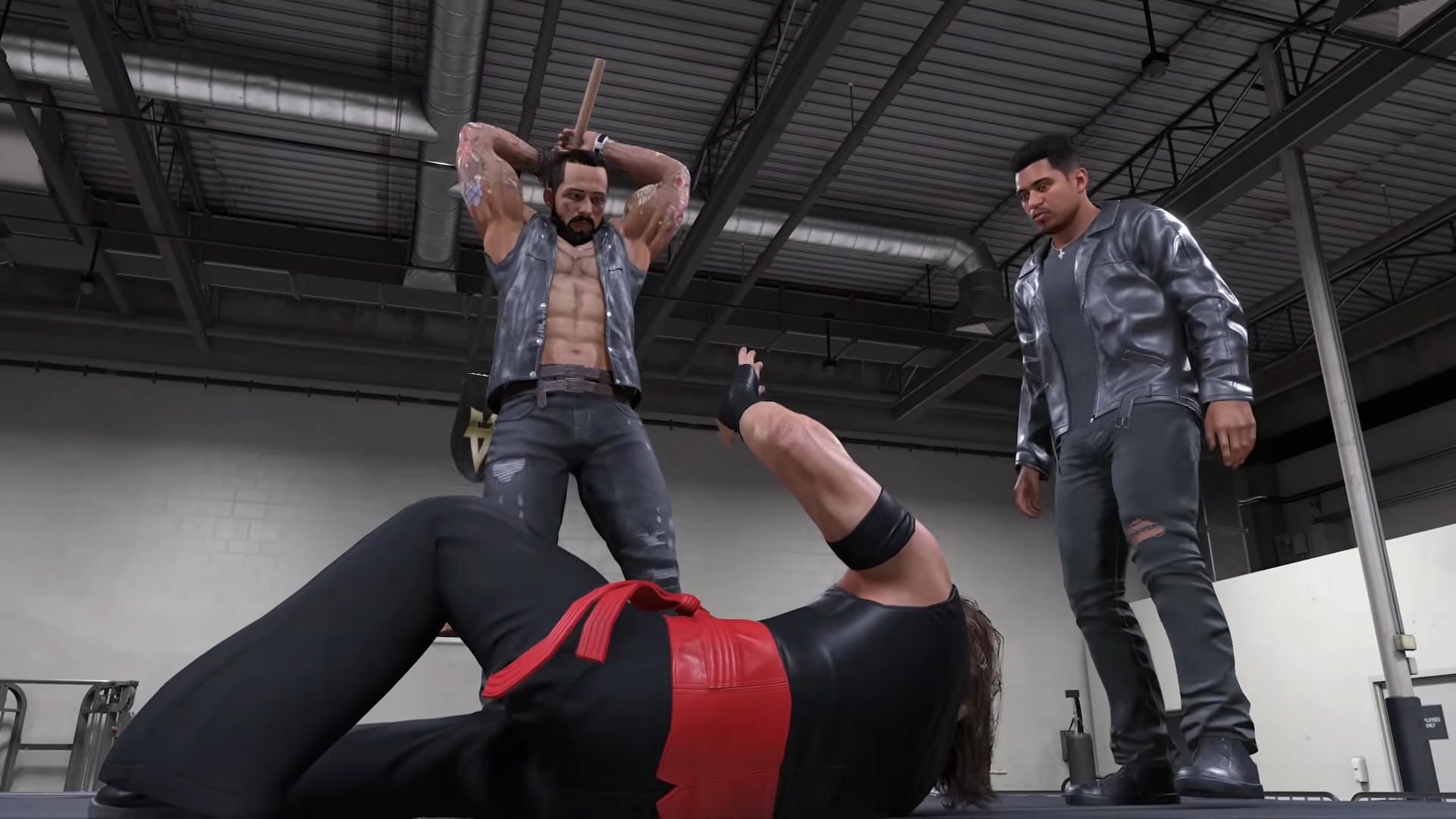 Promotional screenshot of the player attacking Shinsuke Nakamura backstage in WWE 2K26