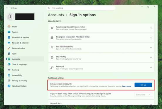 Settings dialog showing where additional settings has an option outlined in red for “Enhanced sign-in security” with a button for “Set up”.