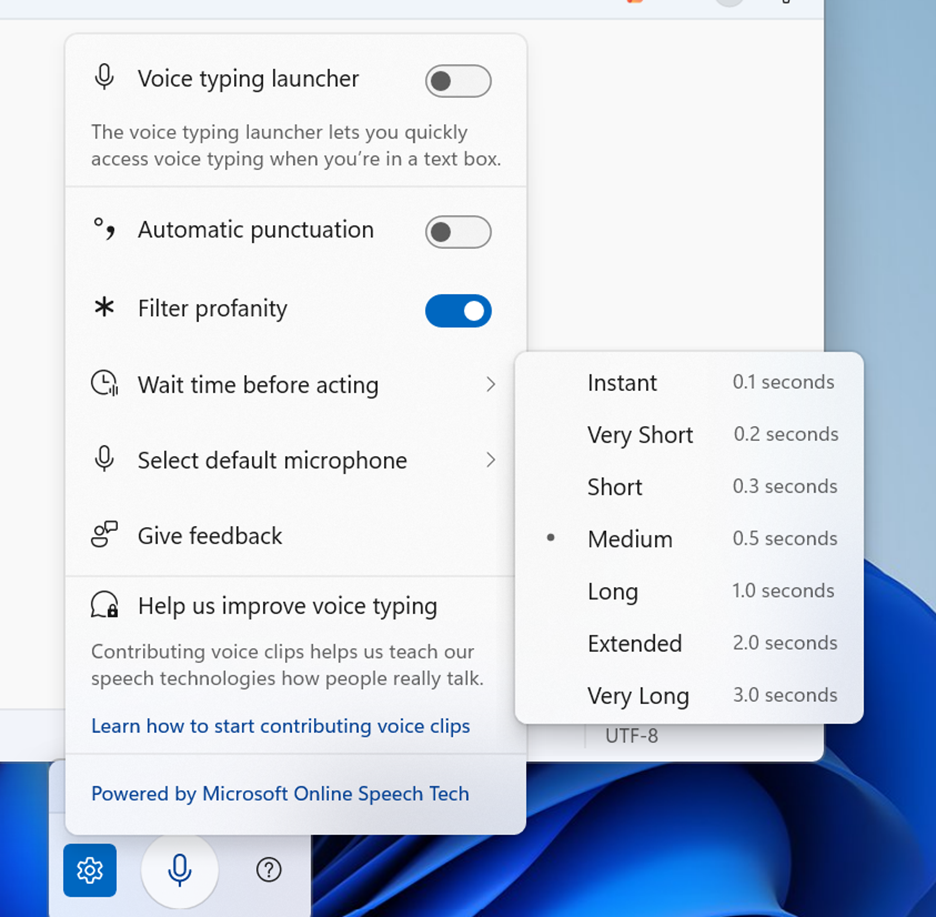 Voice typing settings supports “Wait time before acting” with timing options like “Instant – 0.1 seconds” to “Very Long – 3.0 seconds”.